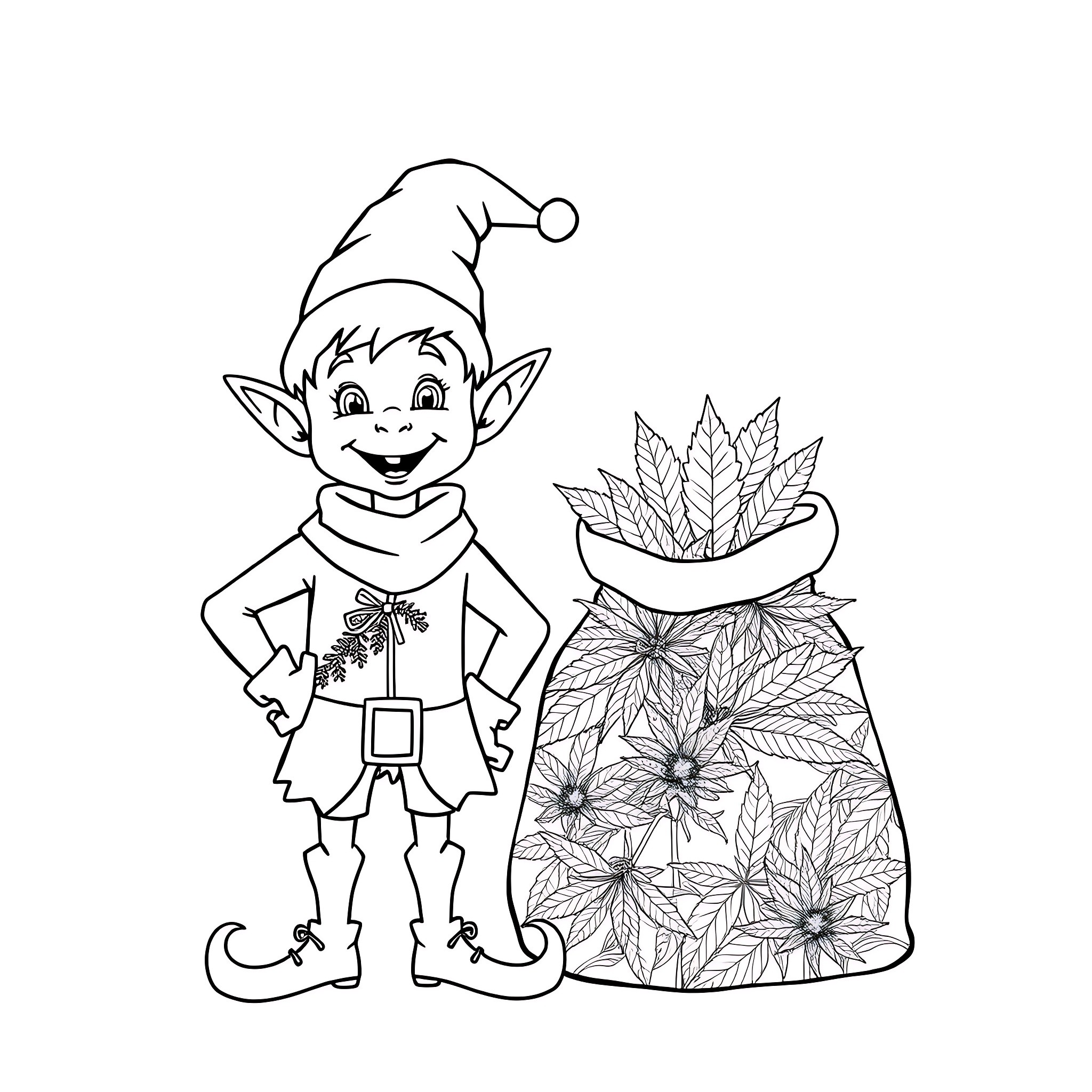 Elf with festive ornaments and sack Coloring Page (free black-and-white line drawing printable PDF for all, from beginners to advanced learners, including children, teens, adults, and seniors)