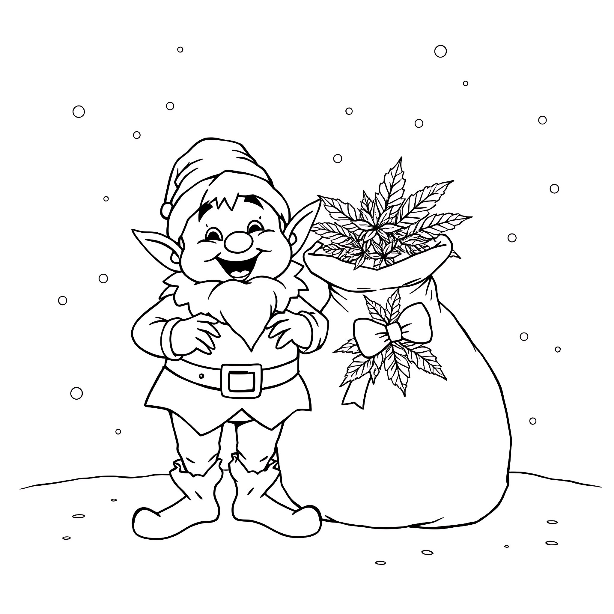 Elf holding a poinsettia flower and gift bag Coloring Page (free black-and-white line drawing printable PDF for all, from beginners to advanced learners, including children, teens, adults, and seniors)