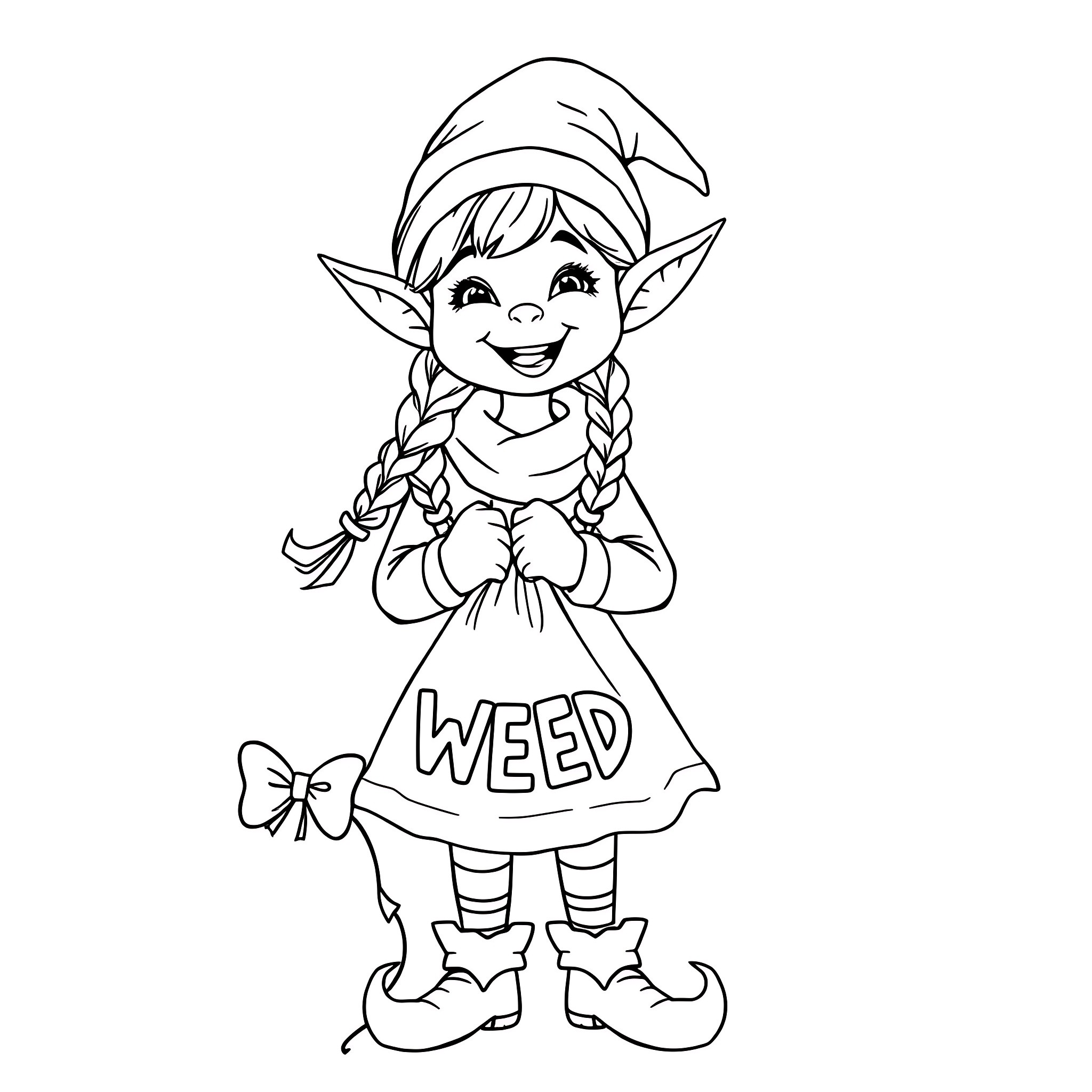 Elf Girl with Playful Expression Coloring Page (free black-and-white line drawing printable PDF for all, from beginners to advanced learners, including children, teens, adults, and seniors)