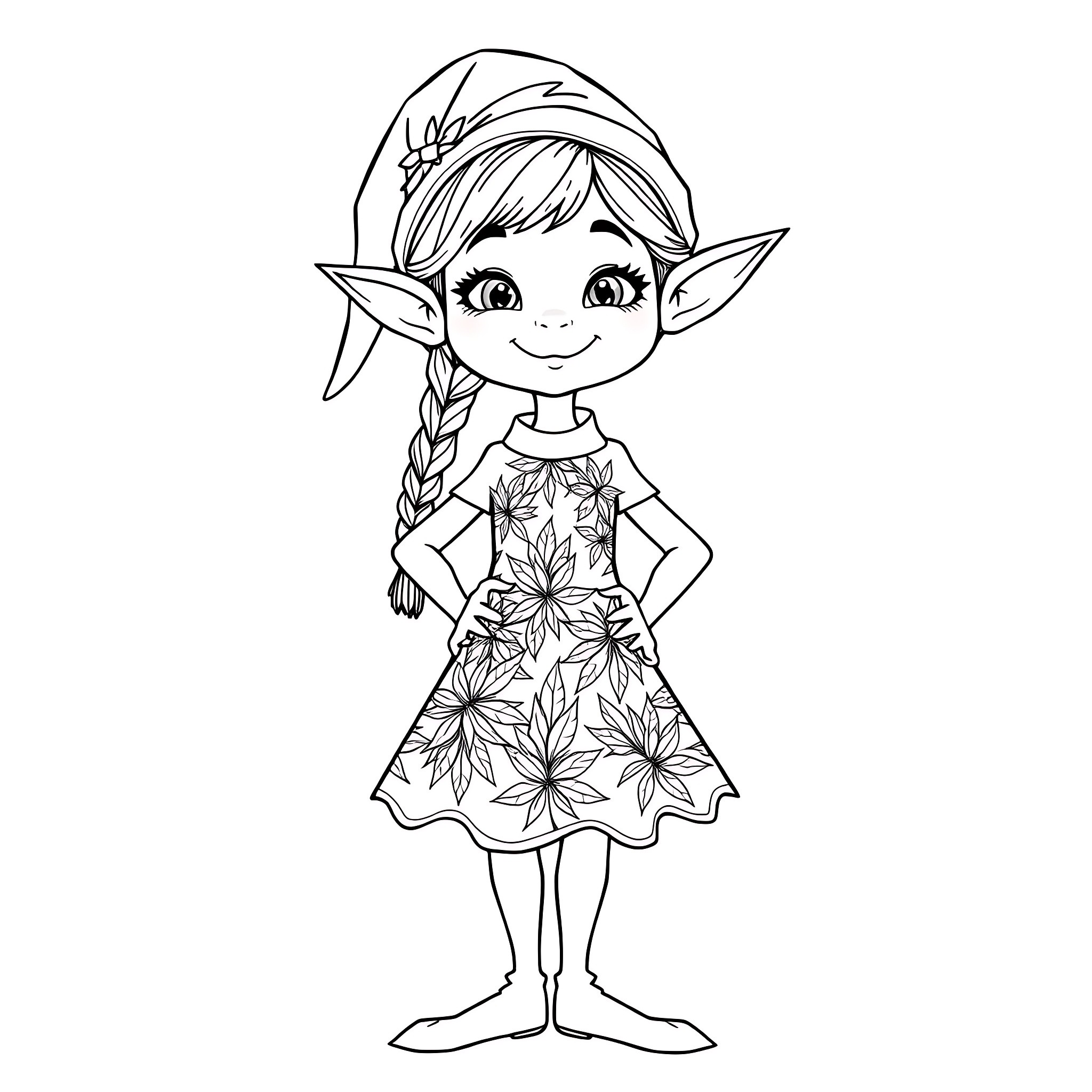 Elf girl with floral dress and braid Coloring Page (free black-and-white line drawing printable PDF for all, from beginners to advanced learners, including children, teens, adults, and seniors)