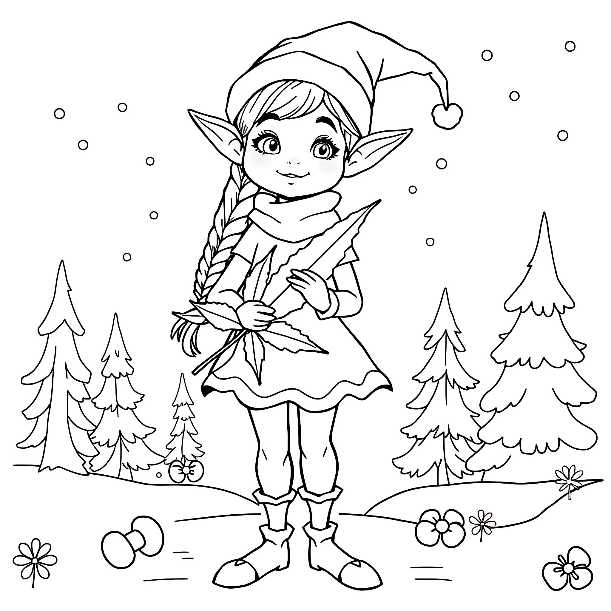 Elf girl enjoying a snowy winter scene Coloring Page (free black-and-white line drawing printable PDF for all, from beginners to advanced learners, including children, teens, adults, and seniors)