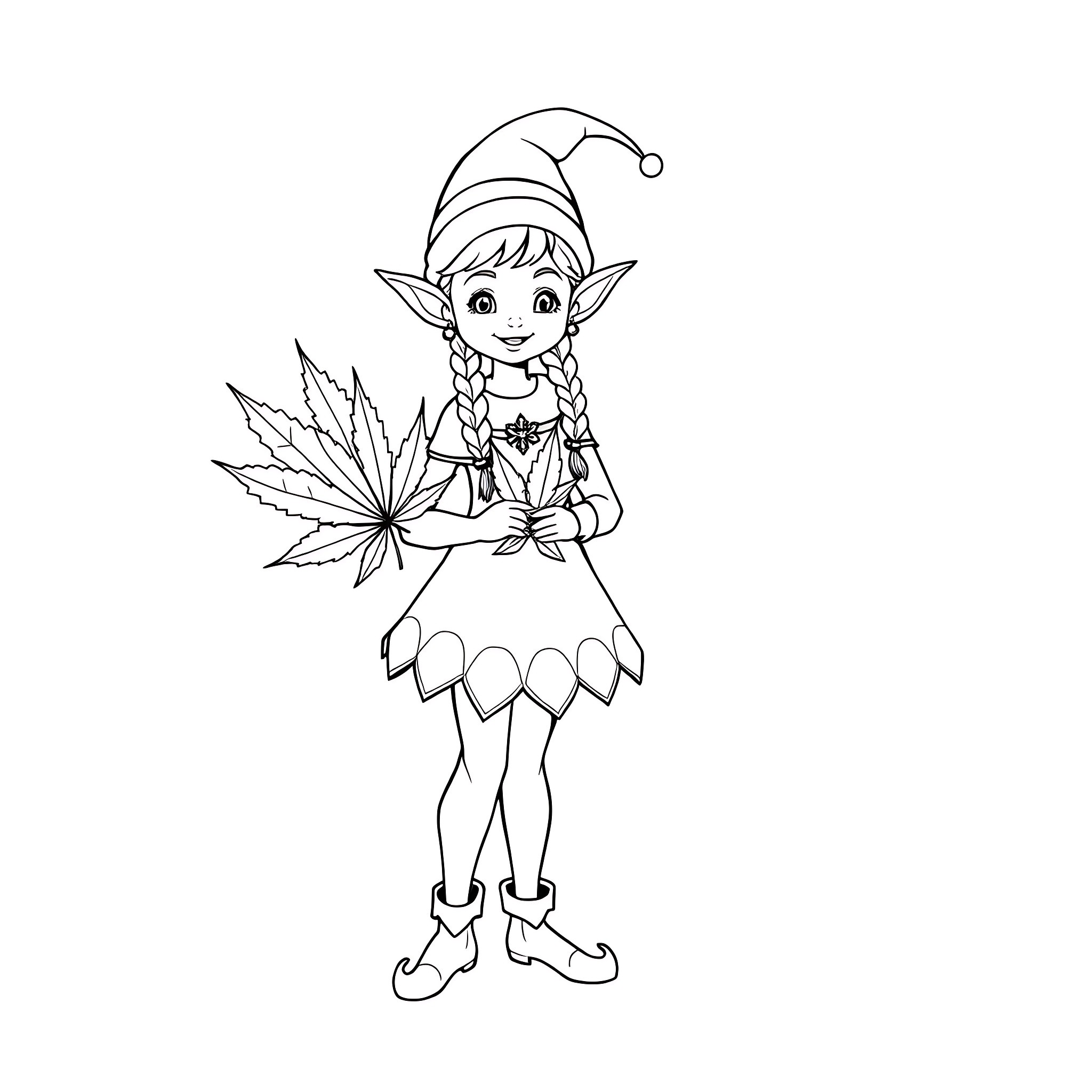 Elf Girl with Autumn Leaf Coloring Page (free black-and-white line drawing printable PDF for all, from beginners to advanced learners, including children, teens, adults, and seniors)