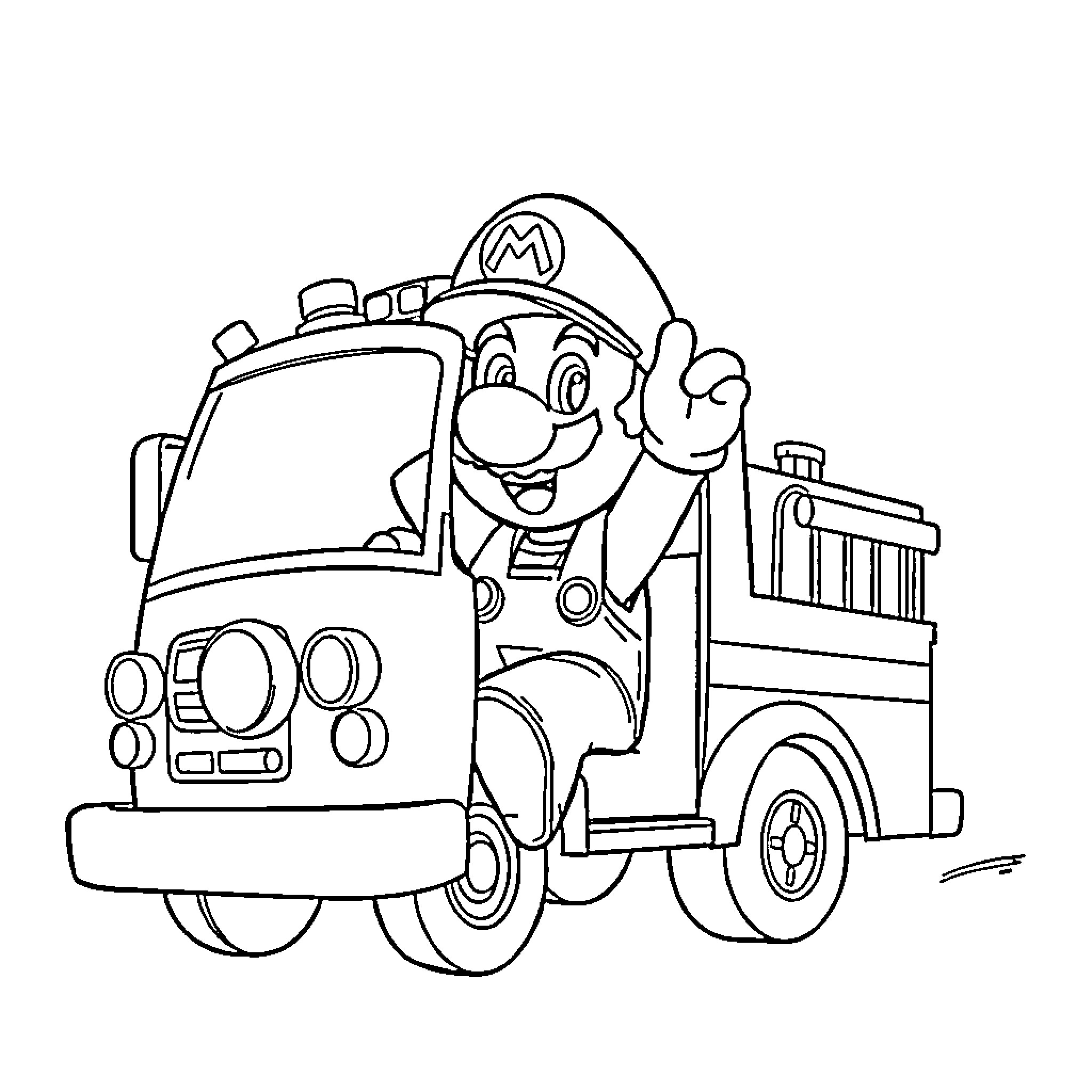 Super Mario driving a fire truck happily Coloring Page (free black-and-white line drawing printable PDF for all, from beginners to advanced learners, including children, teens, adults, and seniors)