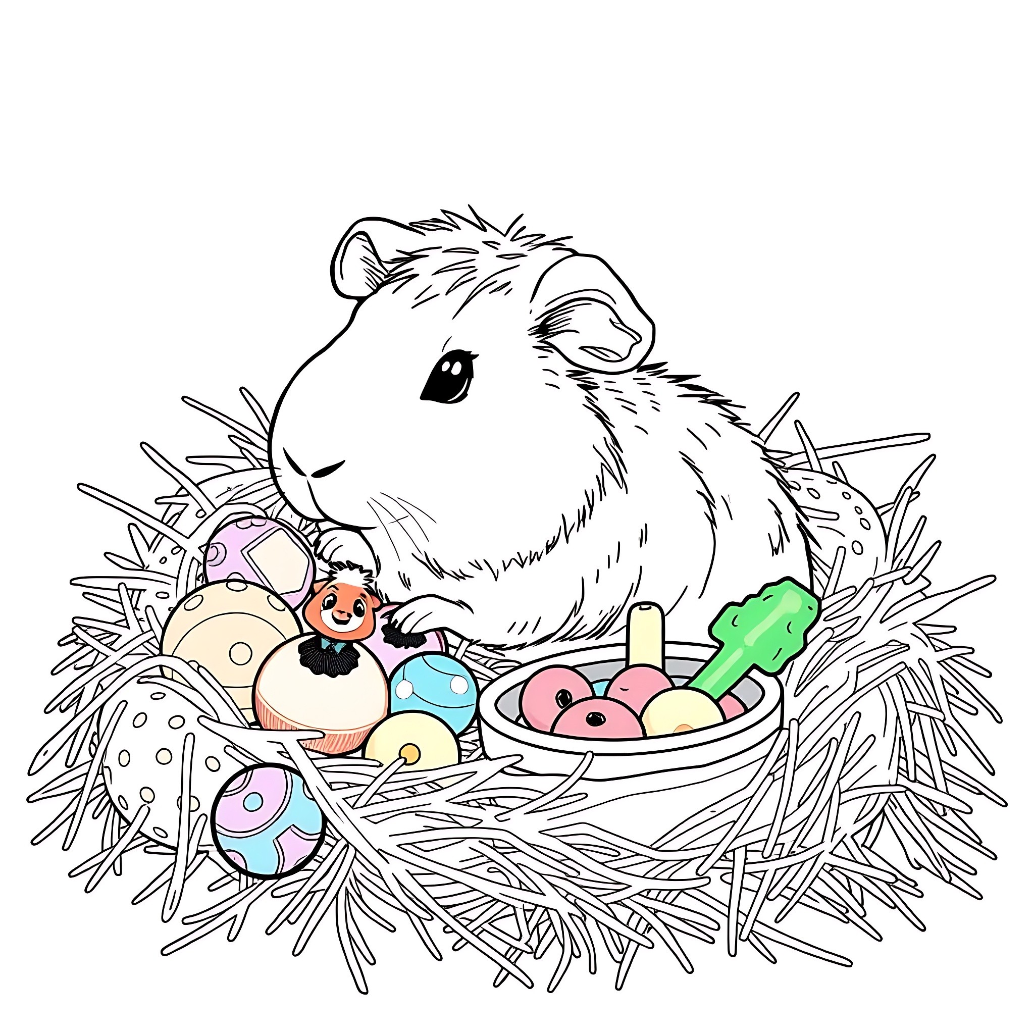 Guinea Pig nesting with its baby eggs Coloring Page (free black-and-white line drawing printable PDF for all, from beginners to advanced learners, including children, teens, adults, and seniors)