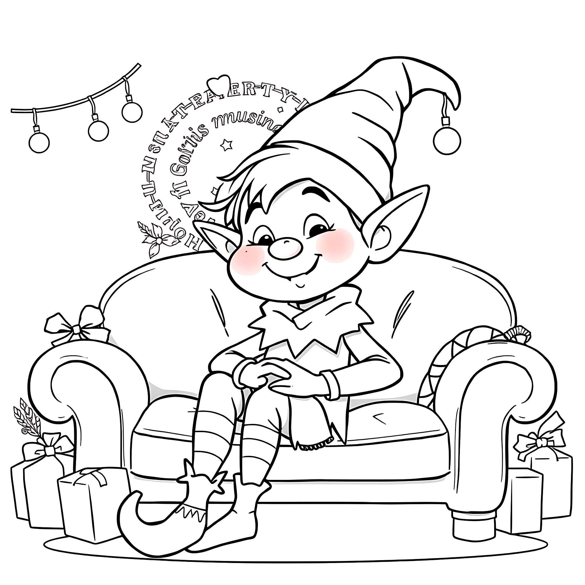 Elf sitting on a couch surrounded by gifts Coloring Page (free black-and-white line drawing printable PDF for all, from beginners to advanced learners, including children, teens, adults, and seniors)