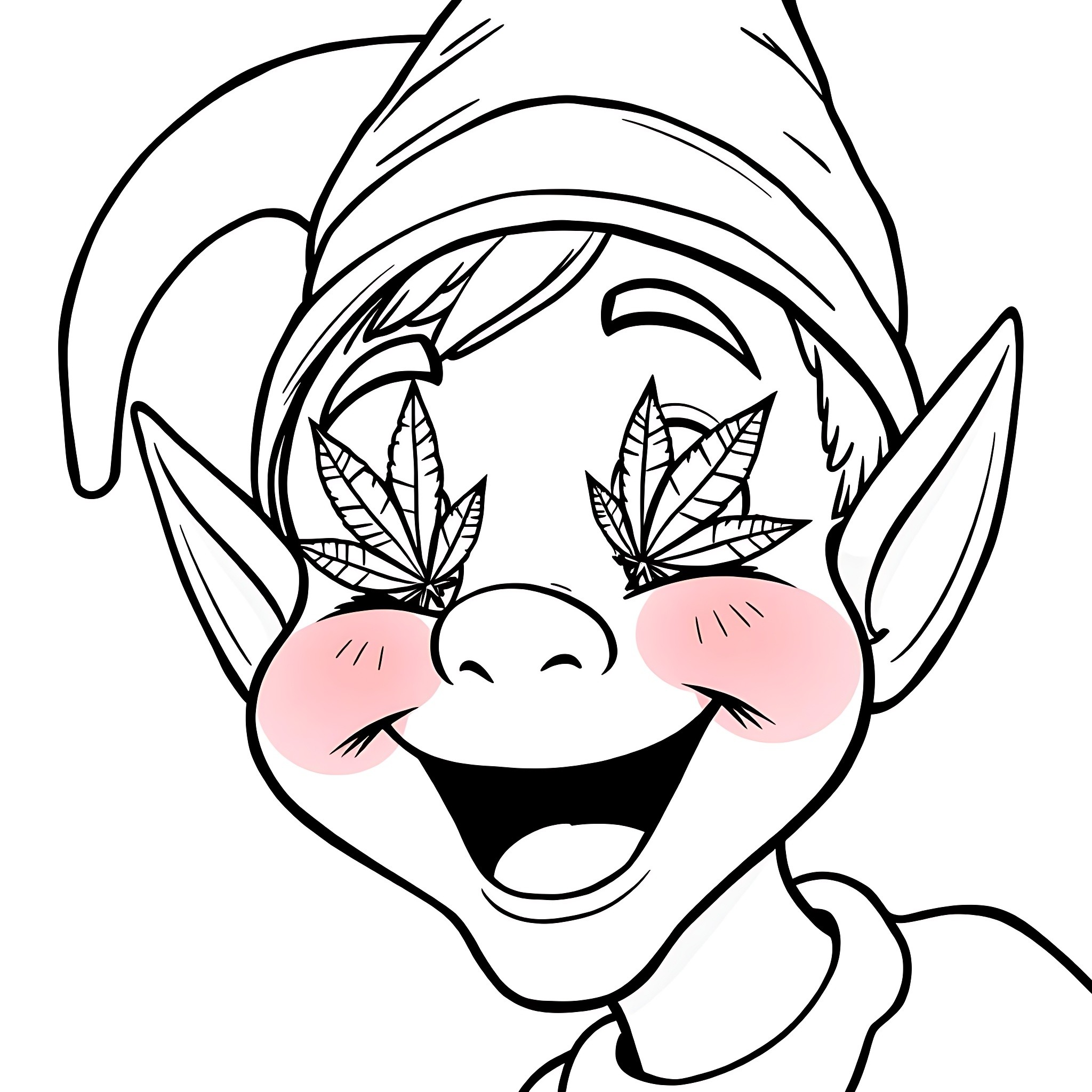 Elf with a joyful expression and leaf-like accessories Coloring Page (free black-and-white line drawing printable PDF for all, from beginners to advanced learners, including children, teens, adults, and seniors)