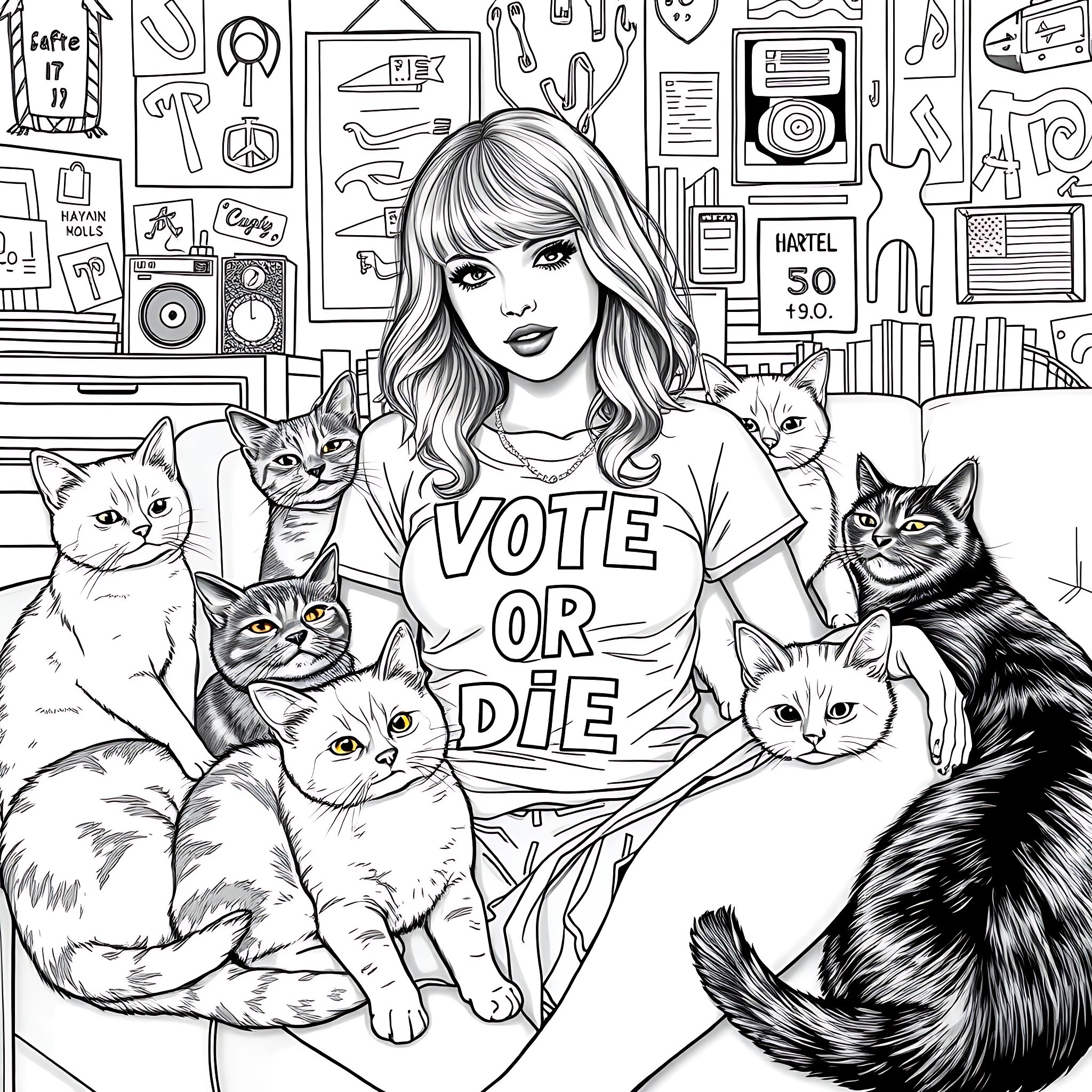 Taylor Swift surrounded by cats with a political message Coloring Page (free black-and-white line drawing printable PDF for all, from beginners to advanced learners, including children, teens, adults, and seniors)