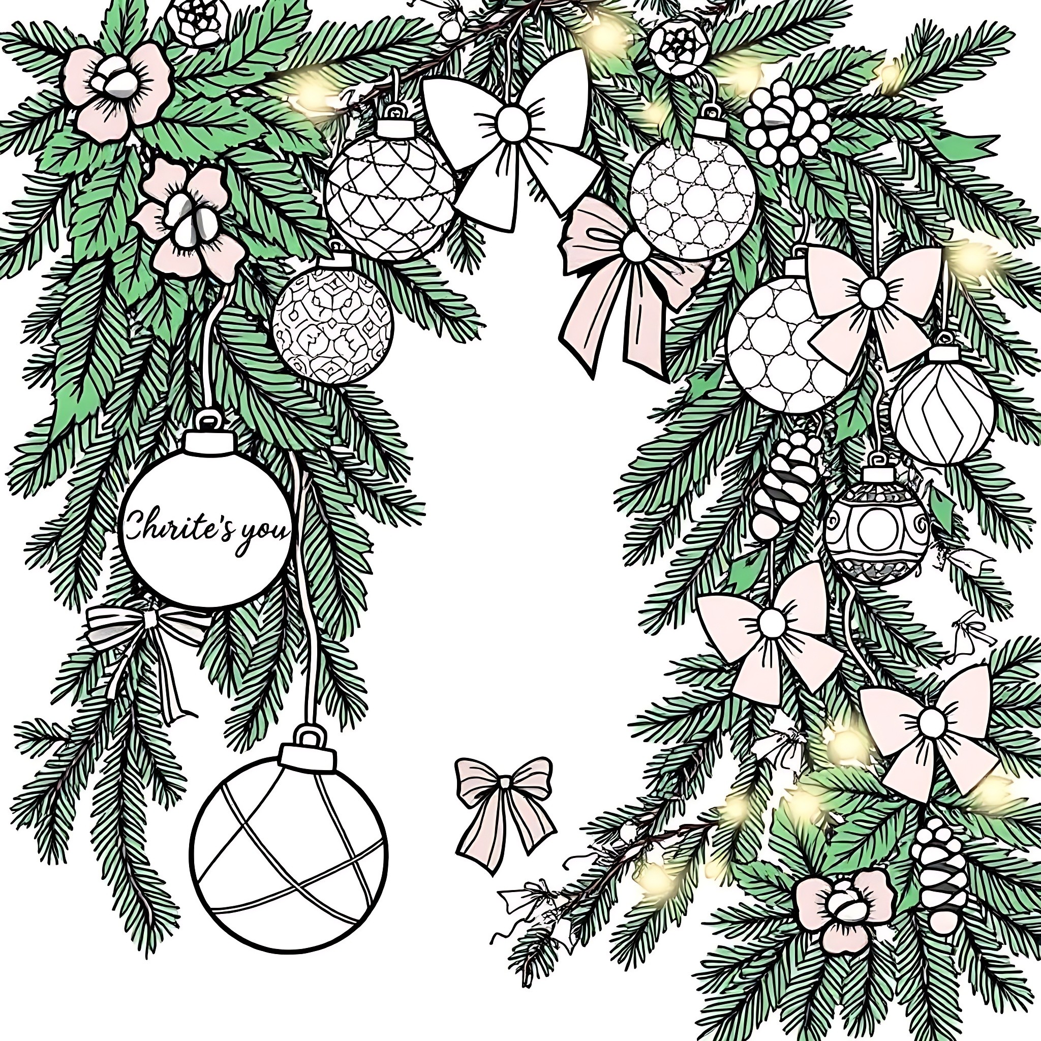 Weed Decorative Holiday Ornaments on Pine Branches Coloring Page (free black-and-white line drawing printable PDF for all, from beginners to advanced learners, including children, teens, adults, and seniors)
