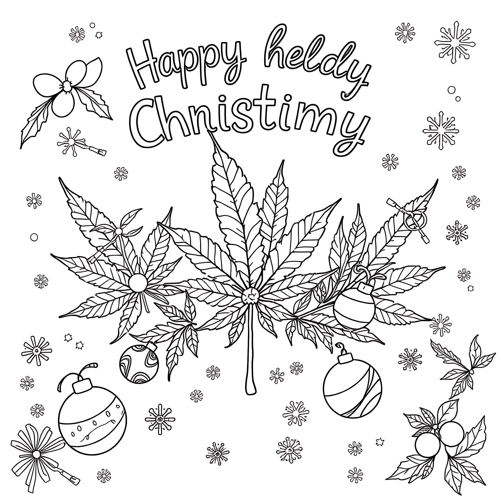 Weed themed happy holiday christinmy ornaments and leaves Coloring Page (free black-and-white line drawing printable PDF for all, from beginners to advanced learners, including children, teens, adults, and seniors)