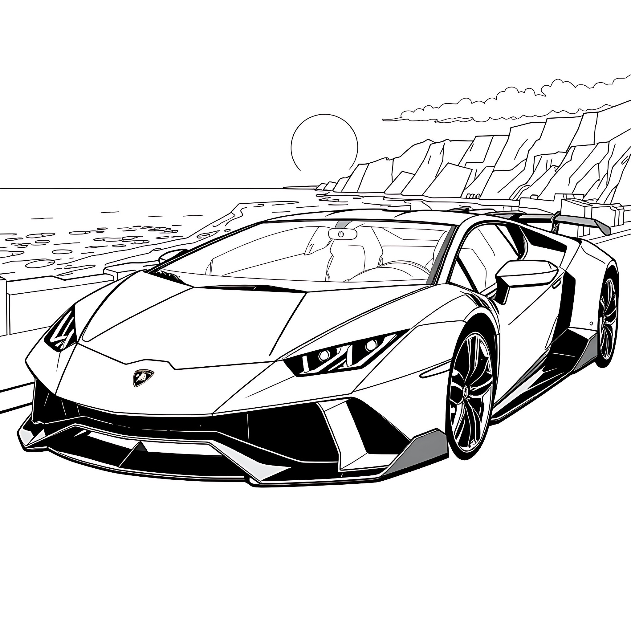 Lamborghini supercar speeding on coastal road Coloring Page (free black-and-white line drawing printable PDF for all, from beginners to advanced learners, including children, teens, adults, and seniors)