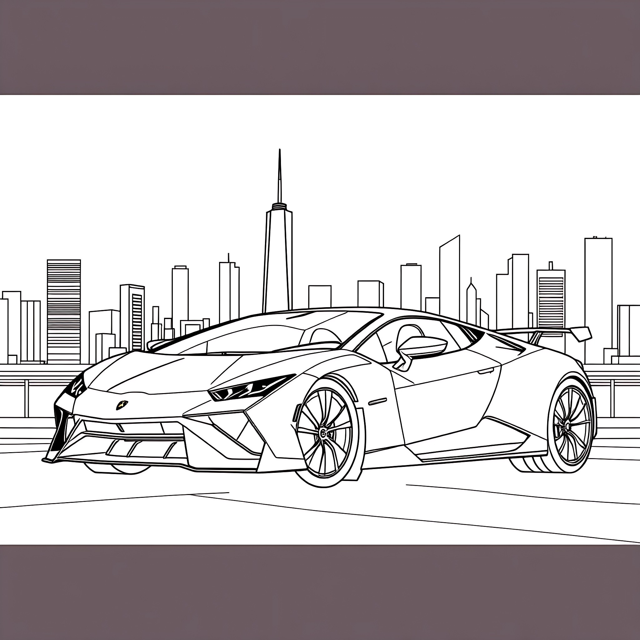 Lamborghini Exotic Sports Car Driving in the City Coloring Page (free black-and-white line drawing printable PDF for all, from beginners to advanced learners, including children, teens, adults, and seniors)