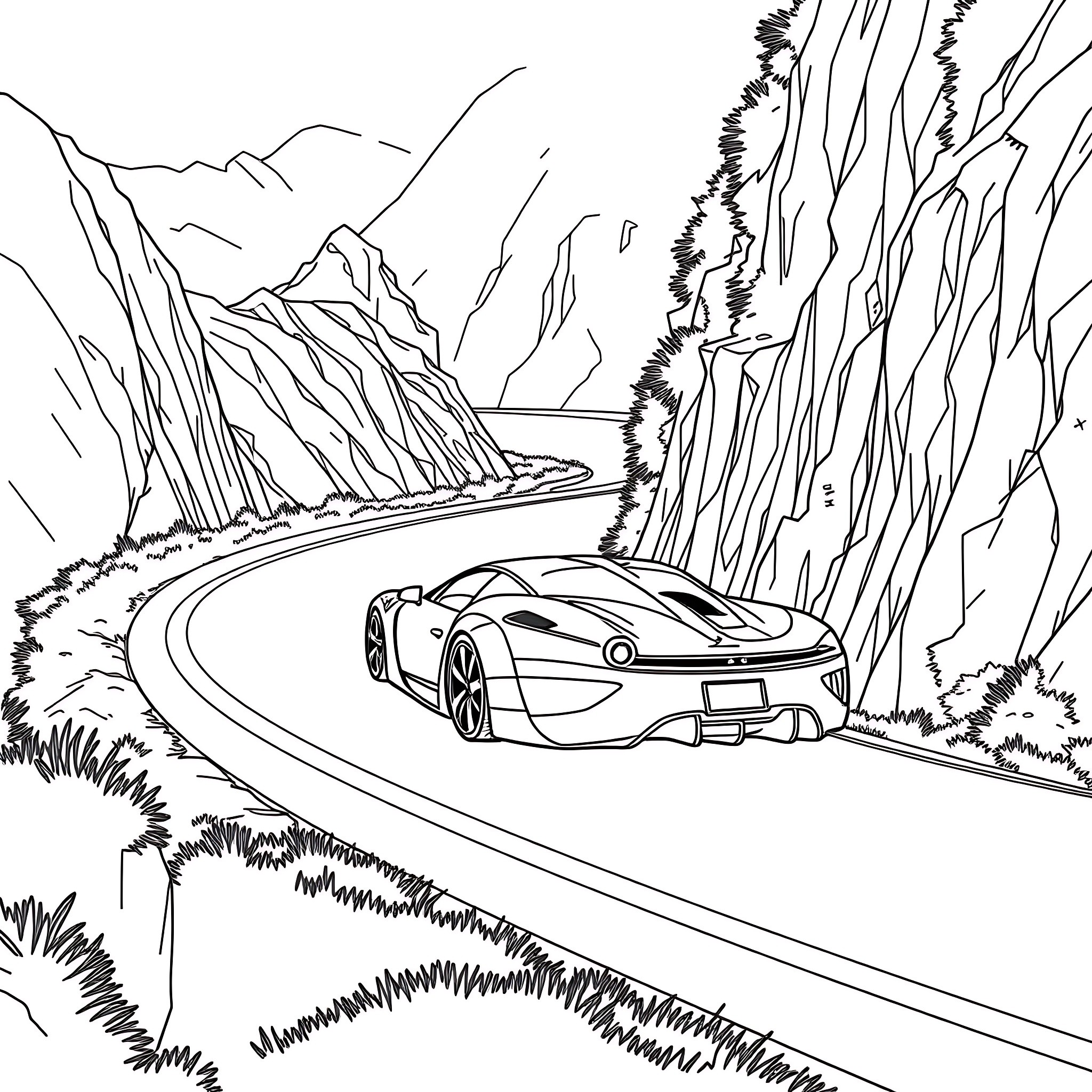 Bugatti sports car on a winding mountain road Coloring Page (free black-and-white line drawing printable PDF for all, from beginners to advanced learners, including children, teens, adults, and seniors)