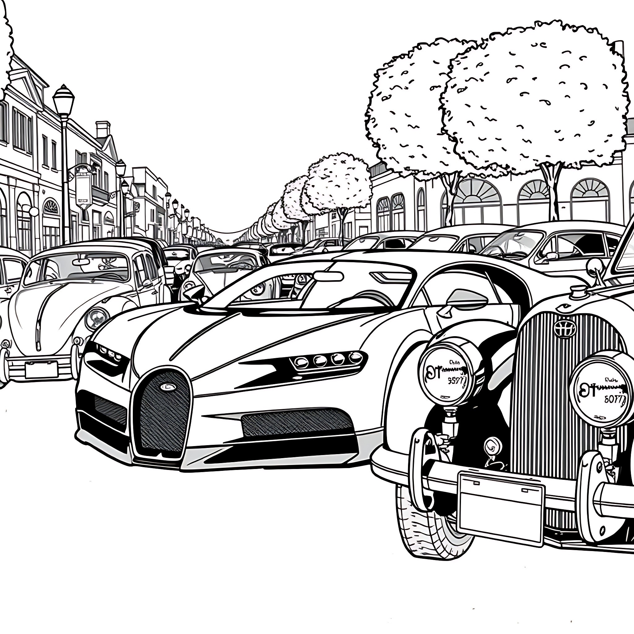 Bugatti Supercars Parade on City Street Coloring Page (free black-and-white line drawing printable PDF for all, from beginners to advanced learners, including children, teens, adults, and seniors)