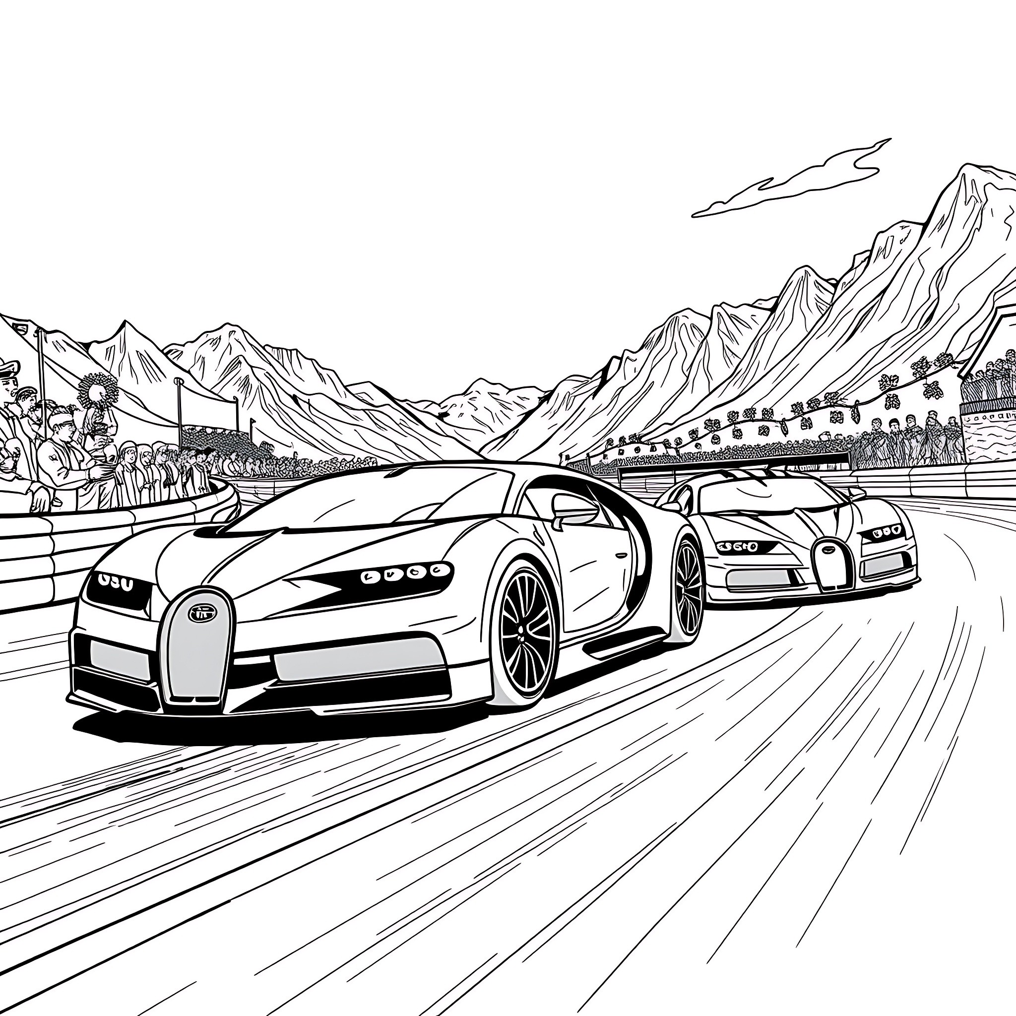 Bugatti supercars racing on the track Coloring Page (free black-and-white line drawing printable PDF for all, from beginners to advanced learners, including children, teens, adults, and seniors)