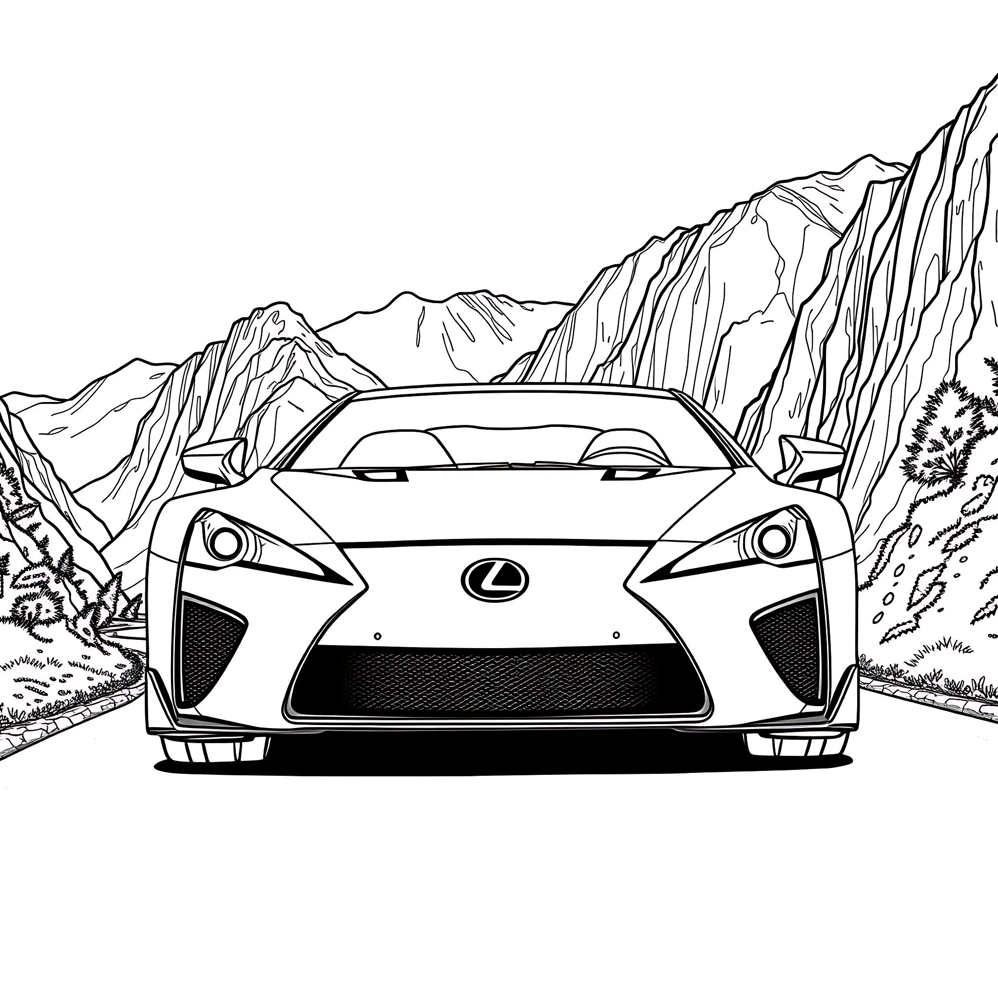 Lexus Lfa speeding through mountain road Coloring Page (free black-and-white line drawing printable PDF for all, from beginners to advanced learners, including children, teens, adults, and seniors)