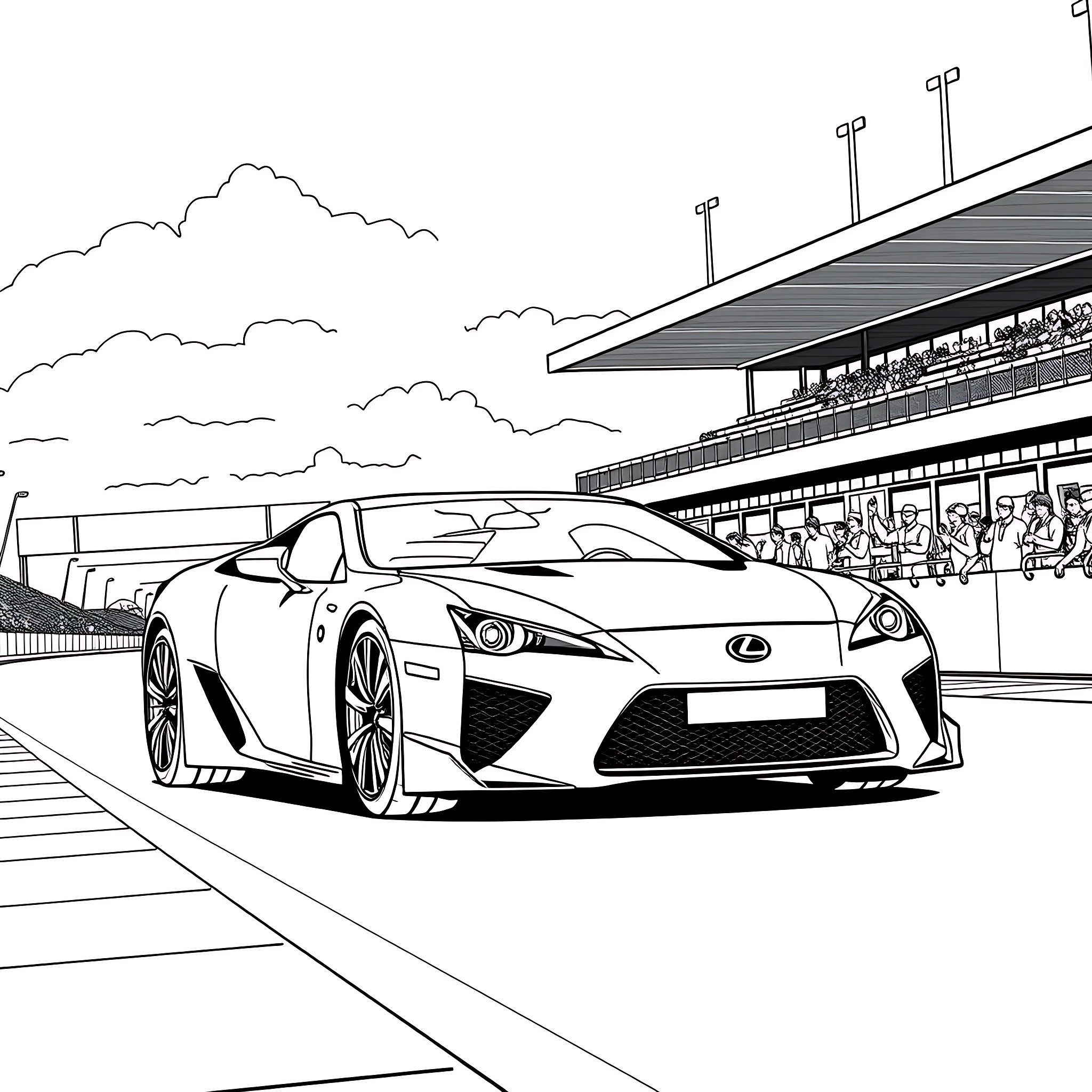 Lexus Lfa racing on the track Coloring Page (free black-and-white line drawing printable PDF for all, from beginners to advanced learners, including children, teens, adults, and seniors)