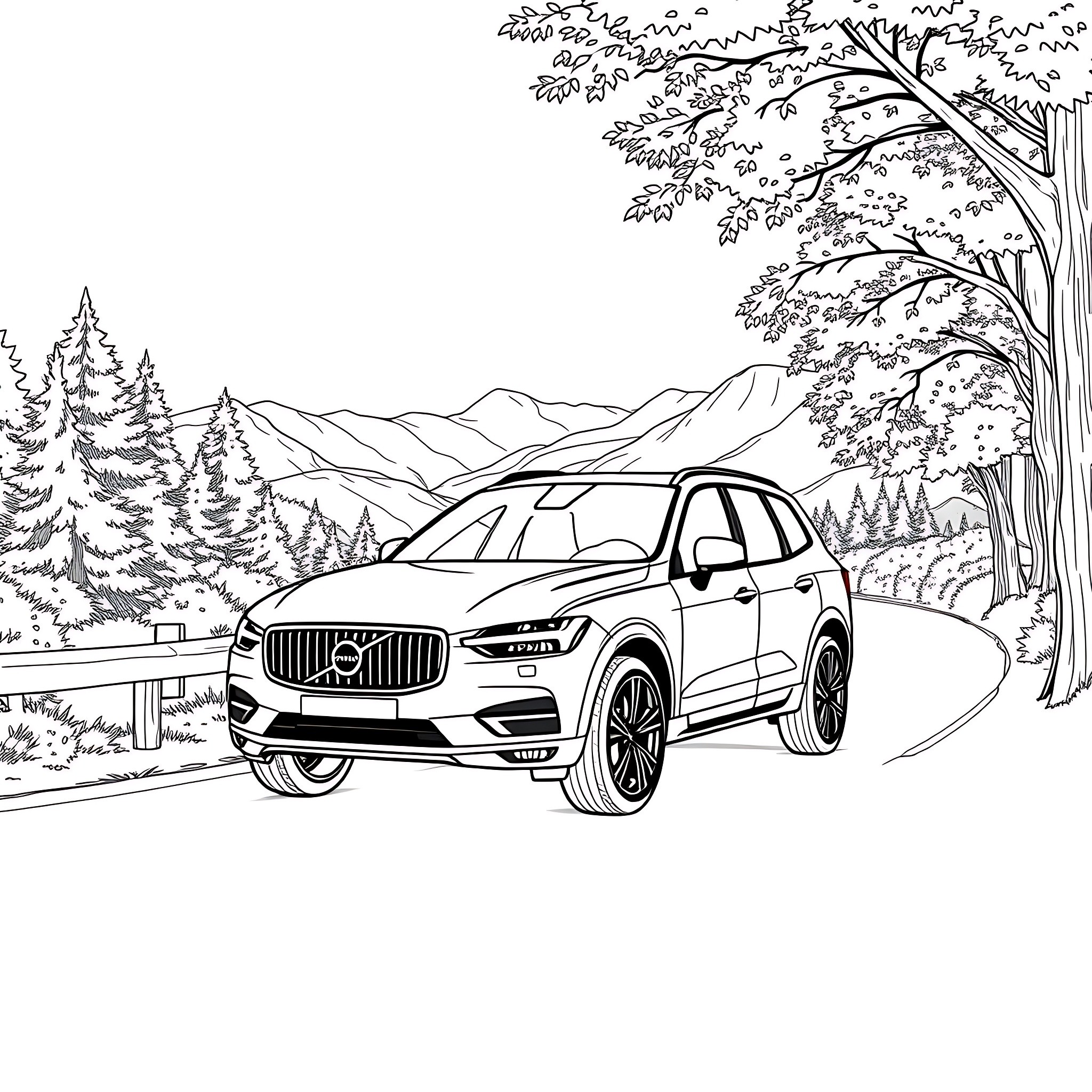 Volvo SUV Navigating Winding Mountain Road Coloring Page (free black-and-white line drawing printable PDF for all, from beginners to advanced learners, including children, teens, adults, and seniors)