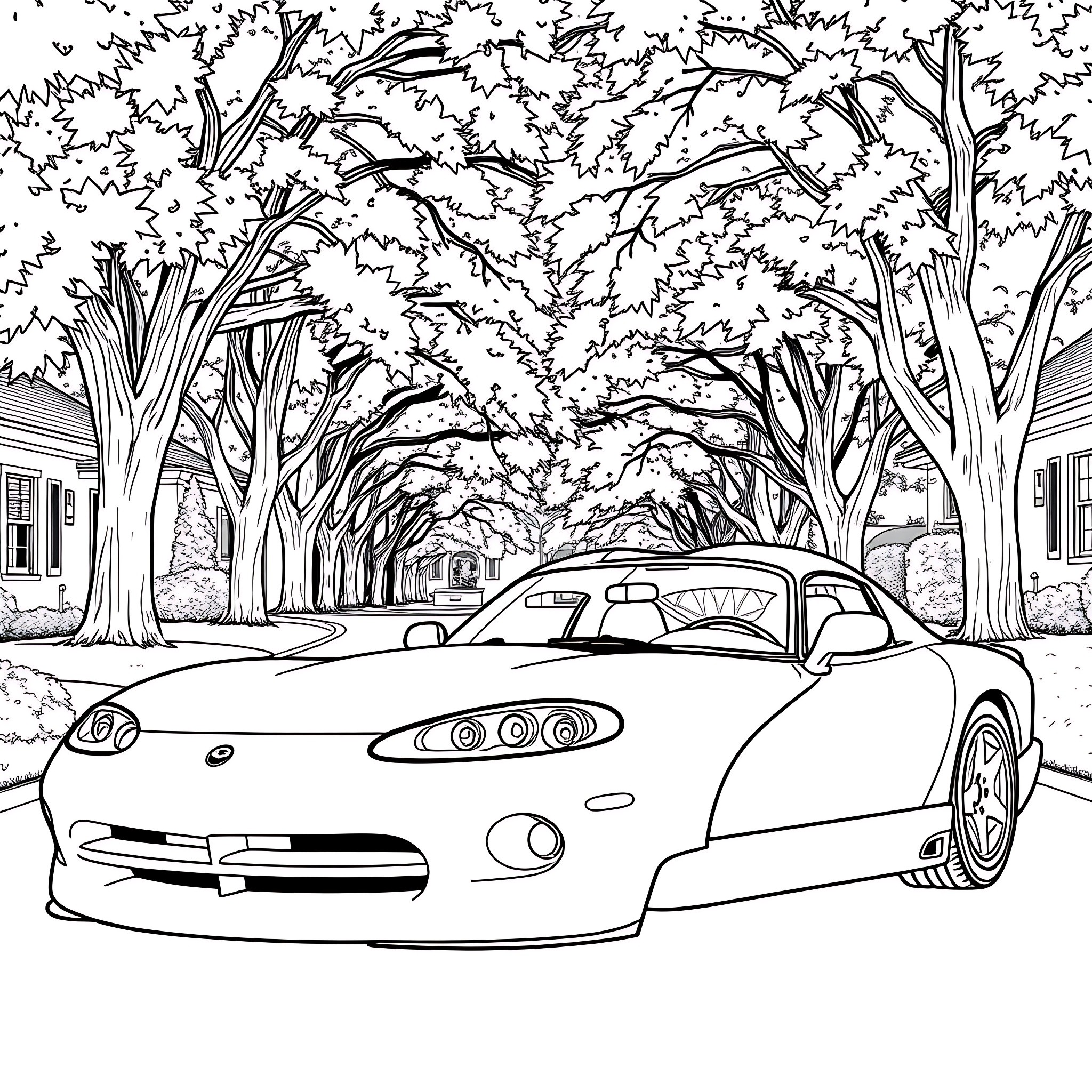 Viper sports car in a lush, tree-lined suburban neighborhood Coloring Page (free black-and-white line drawing printable PDF for all, from beginners to advanced learners, including children, teens, adults, and seniors)