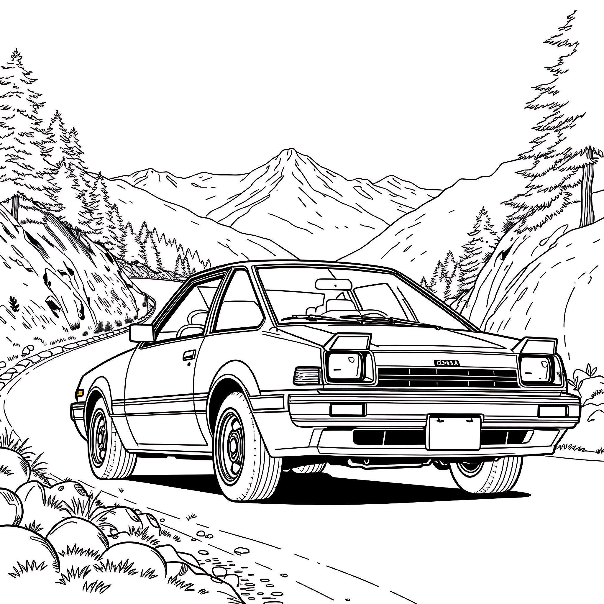 Corolla driving through serene mountain landscape Coloring Page (free black-and-white line drawing printable PDF for all, from beginners to advanced learners, including children, teens, adults, and seniors)