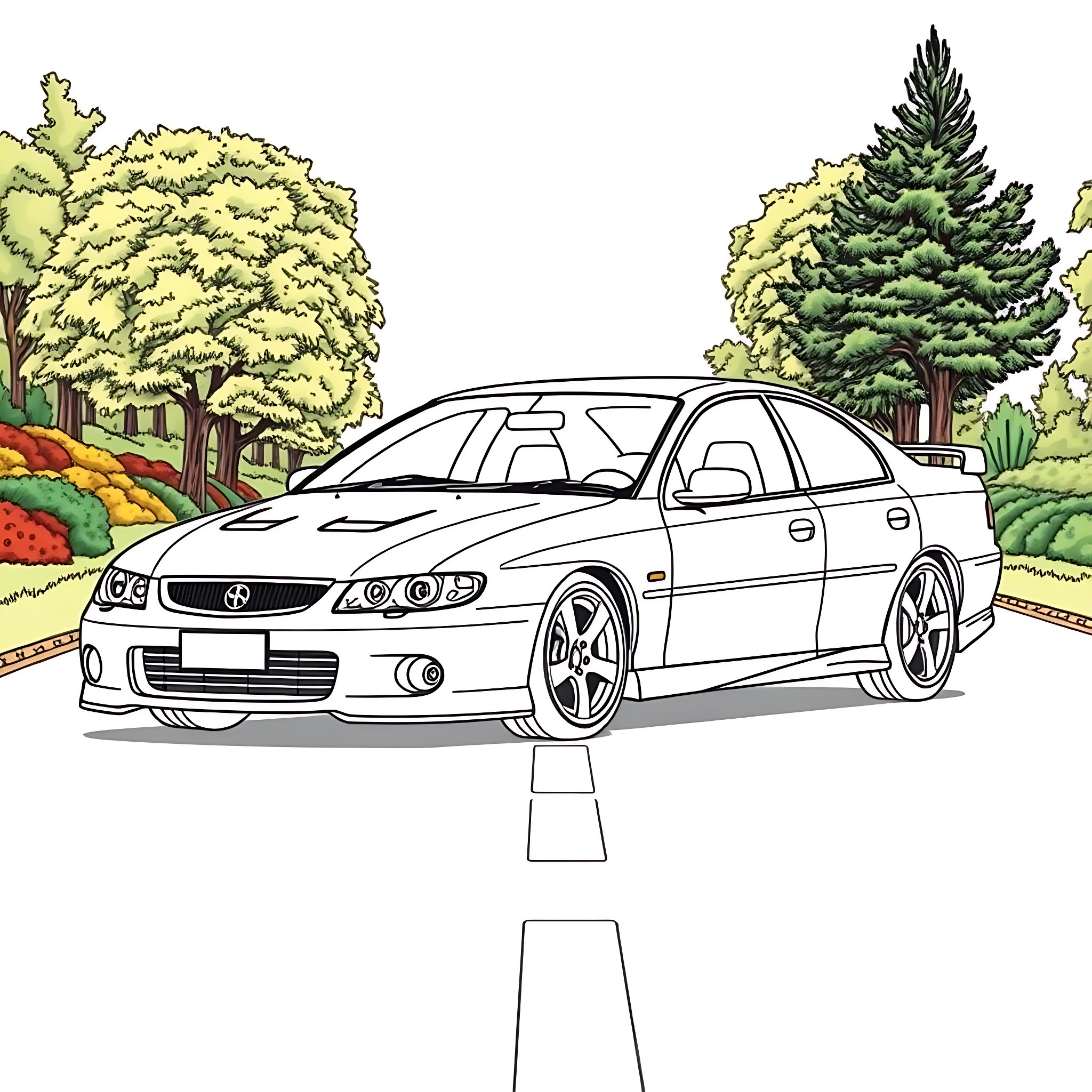 Holden Commodore parked on the road in scenic landscape Coloring Page (free black-and-white line drawing printable PDF for all, from beginners to advanced learners, including children, teens, adults, and seniors)