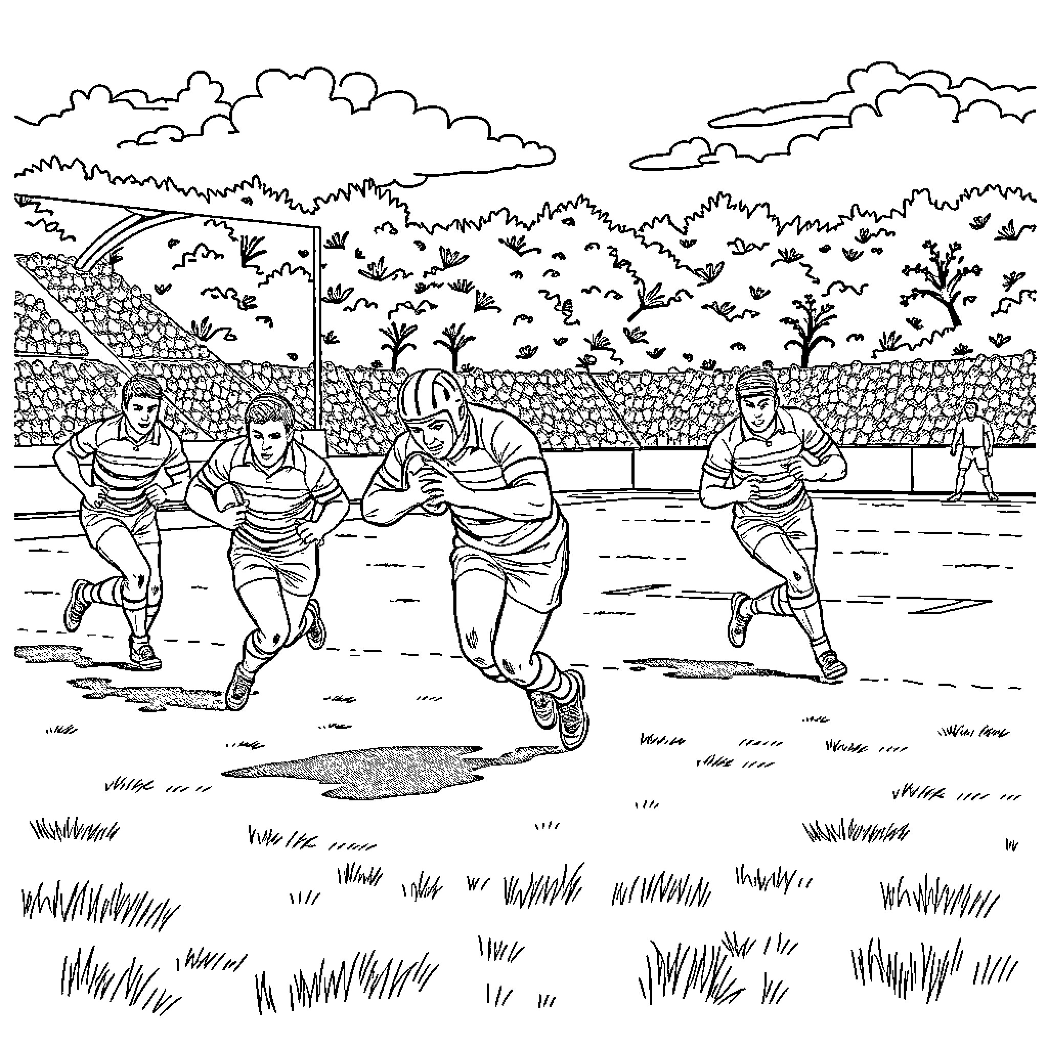 Rugby players in action on the field Coloring Page (free black-and-white line drawing printable PDF for all, from beginners to advanced learners, including children, teens, adults, and seniors)