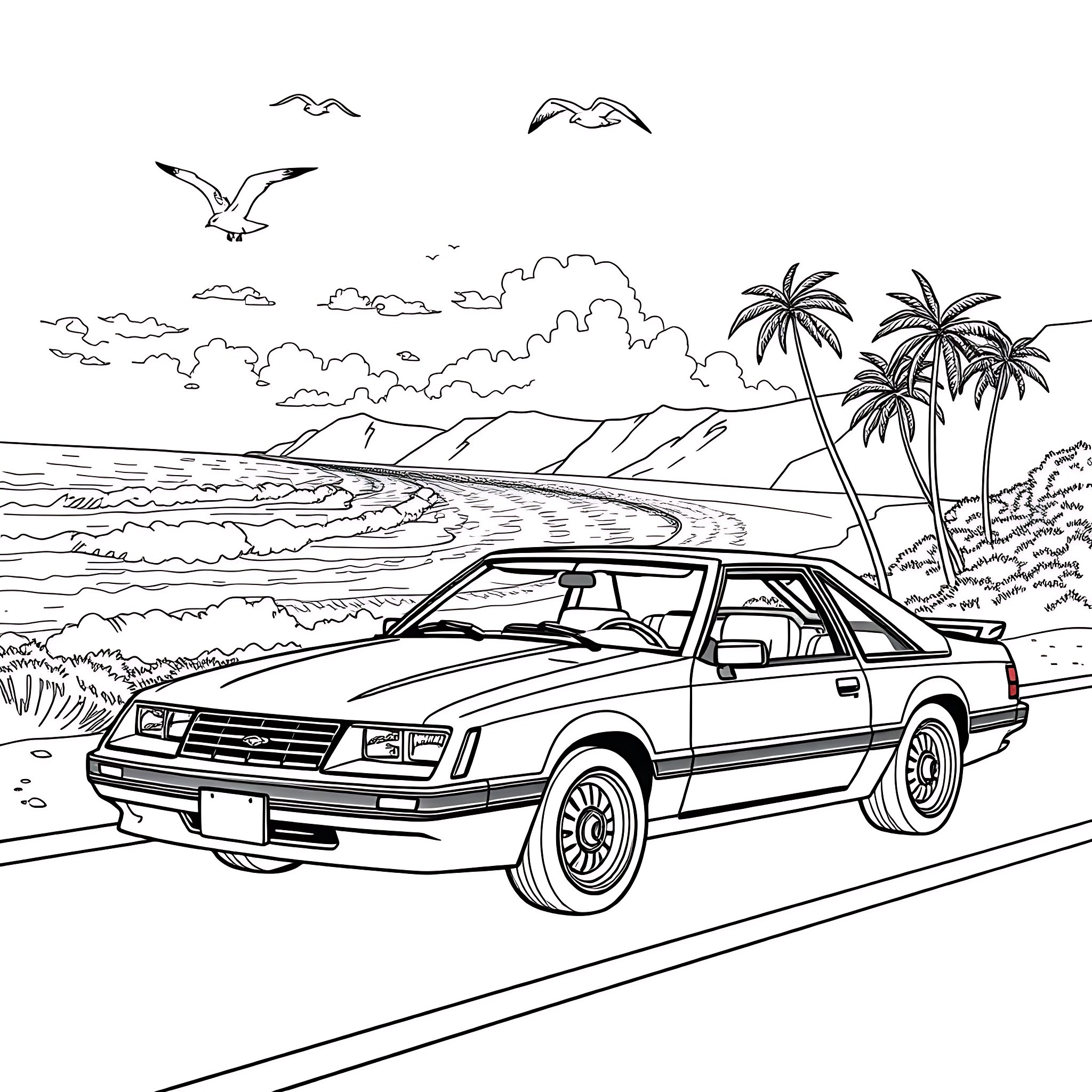 Mustang on a tropical beach with palm trees Coloring Page (free black-and-white line drawing printable PDF for all, from beginners to advanced learners, including children, teens, adults, and seniors)