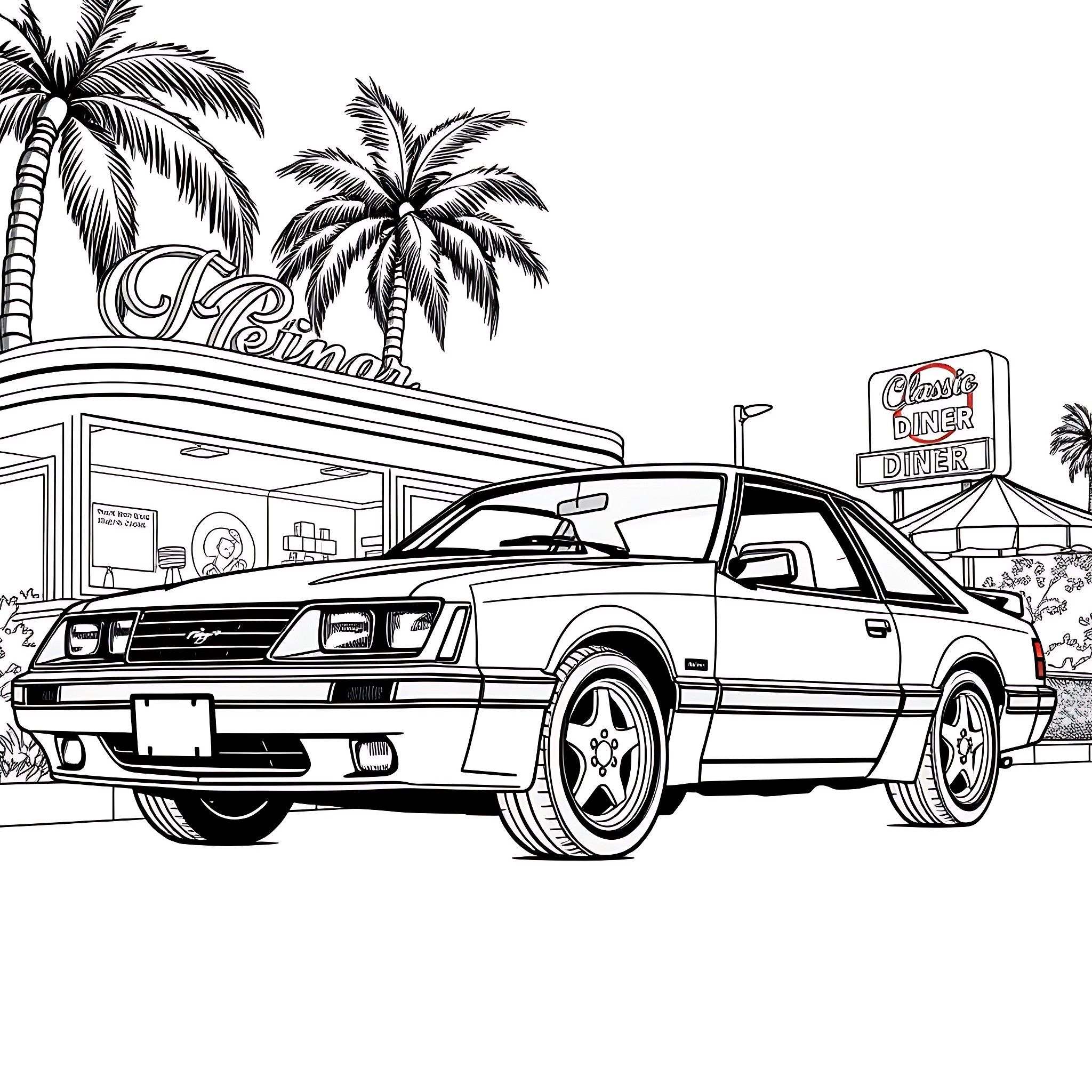 Mustang sports car driving through palm-lined street Coloring Page (free black-and-white line drawing printable PDF for all, from beginners to advanced learners, including children, teens, adults, and seniors)