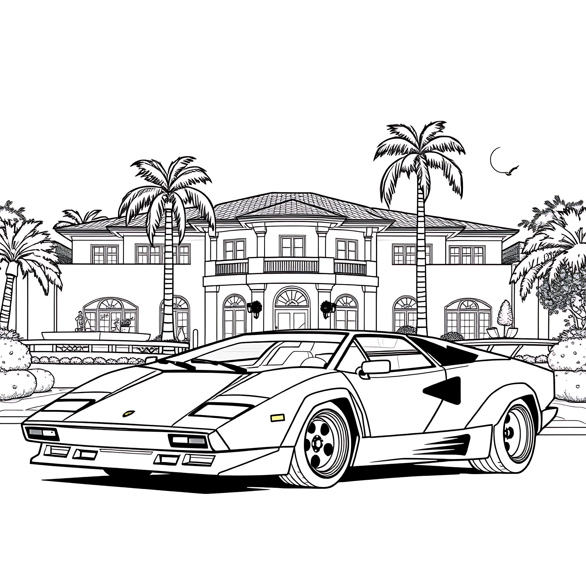 Countach sports car in front of luxury tropical villa Coloring Page (free black-and-white line drawing printable PDF for all, from beginners to advanced learners, including children, teens, adults, and seniors)