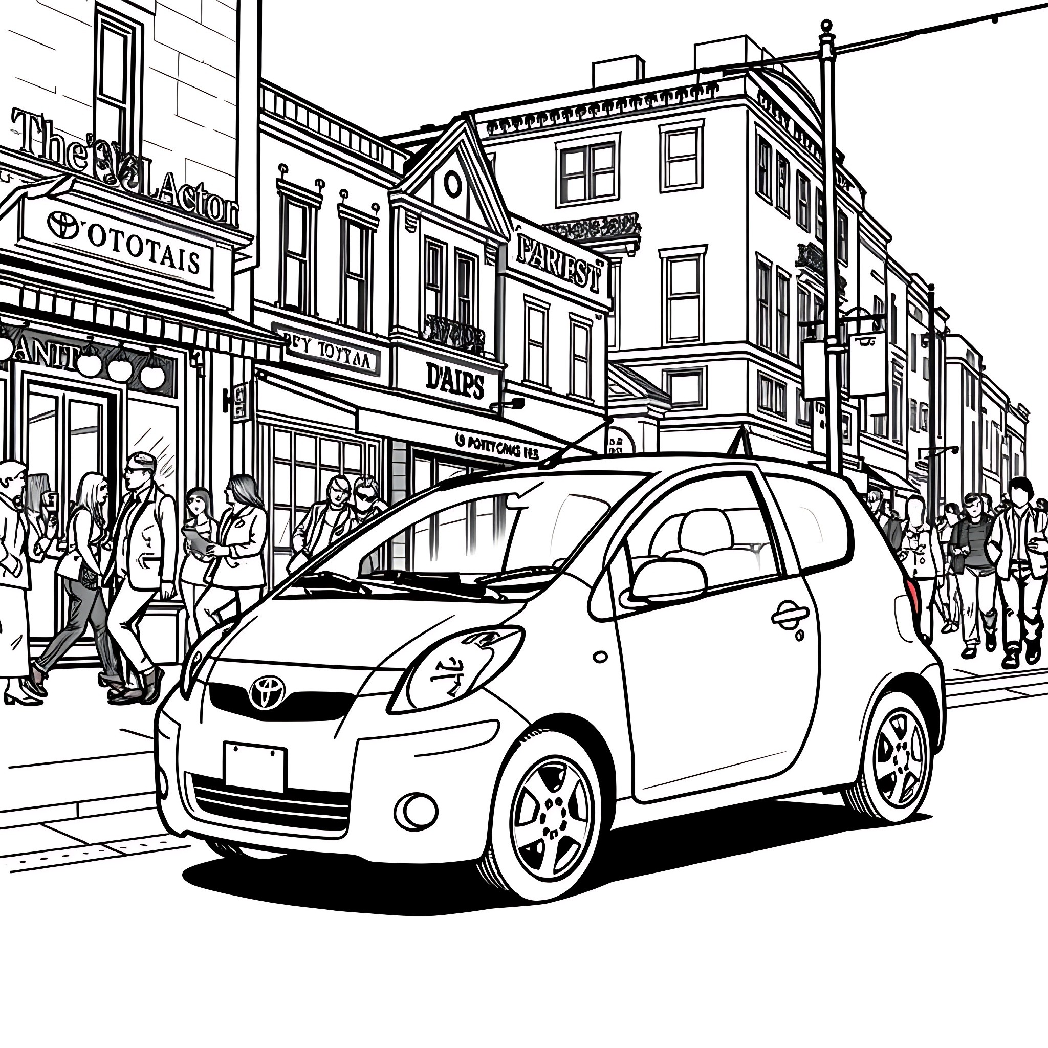 Toyota Yaris in a bustling city street Coloring Page (free black-and-white line drawing printable PDF for all, from beginners to advanced learners, including children, teens, adults, and seniors)