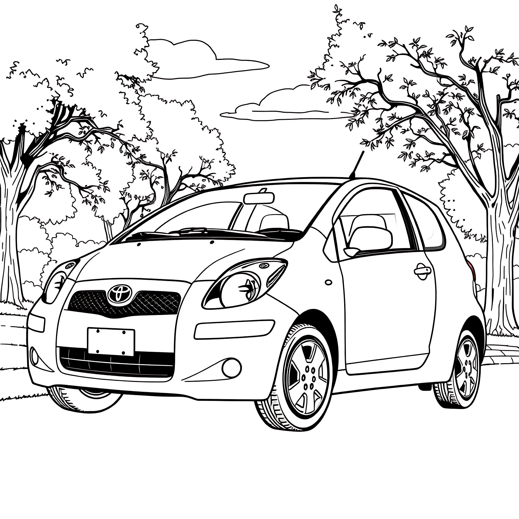 Toyota Yaris in a scenic forest landscape Coloring Page (free black-and-white line drawing printable PDF for all, from beginners to advanced learners, including children, teens, adults, and seniors)