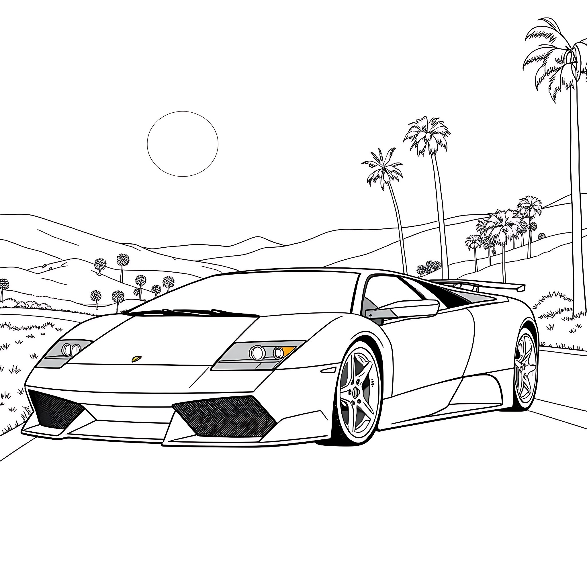 Lamborghini sports car in desert landscape Coloring Page (free black-and-white line drawing printable PDF for all, from beginners to advanced learners, including children, teens, adults, and seniors)
