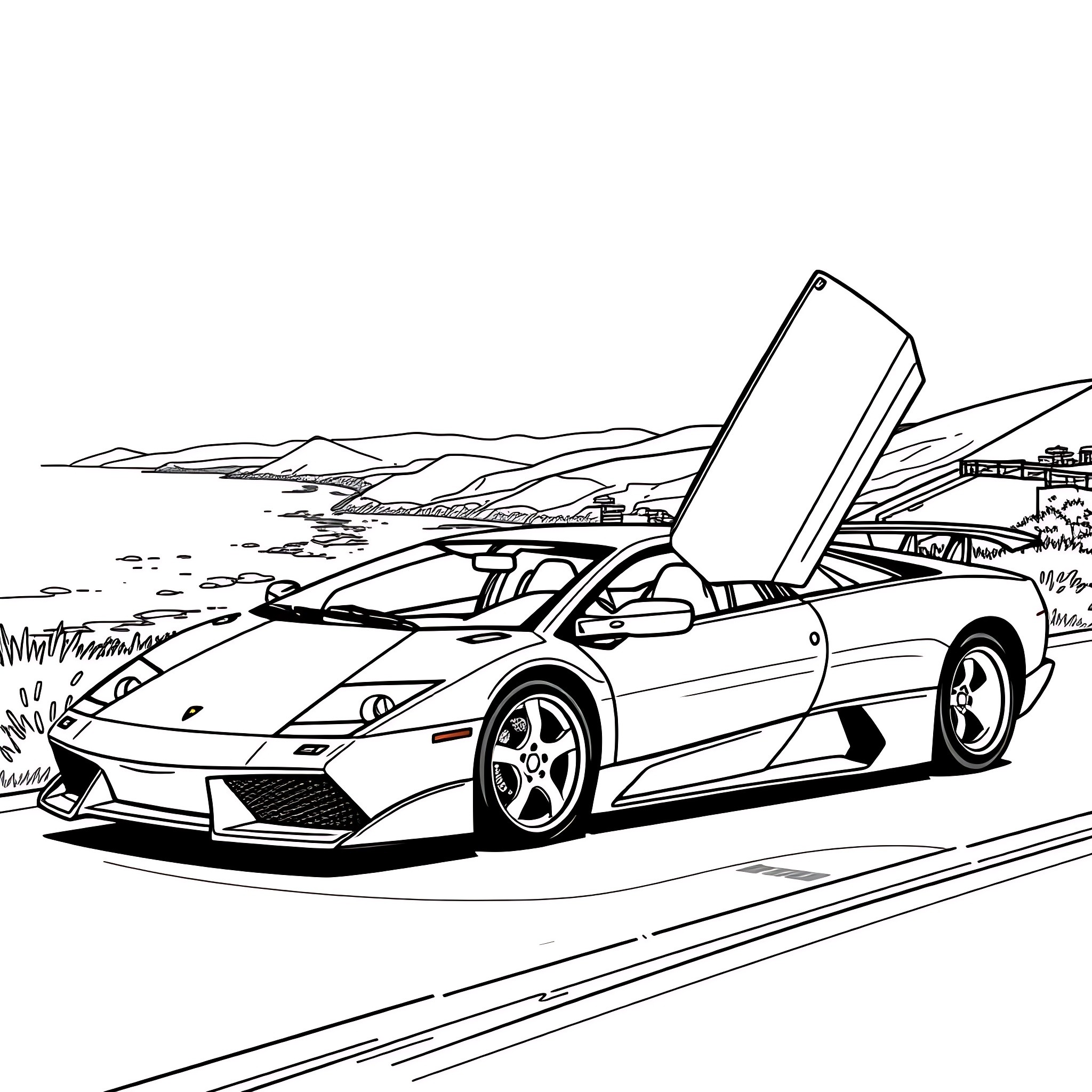 Lamborghini sports car speeding on the open road Coloring Page (free black-and-white line drawing printable PDF for all, from beginners to advanced learners, including children, teens, adults, and seniors)