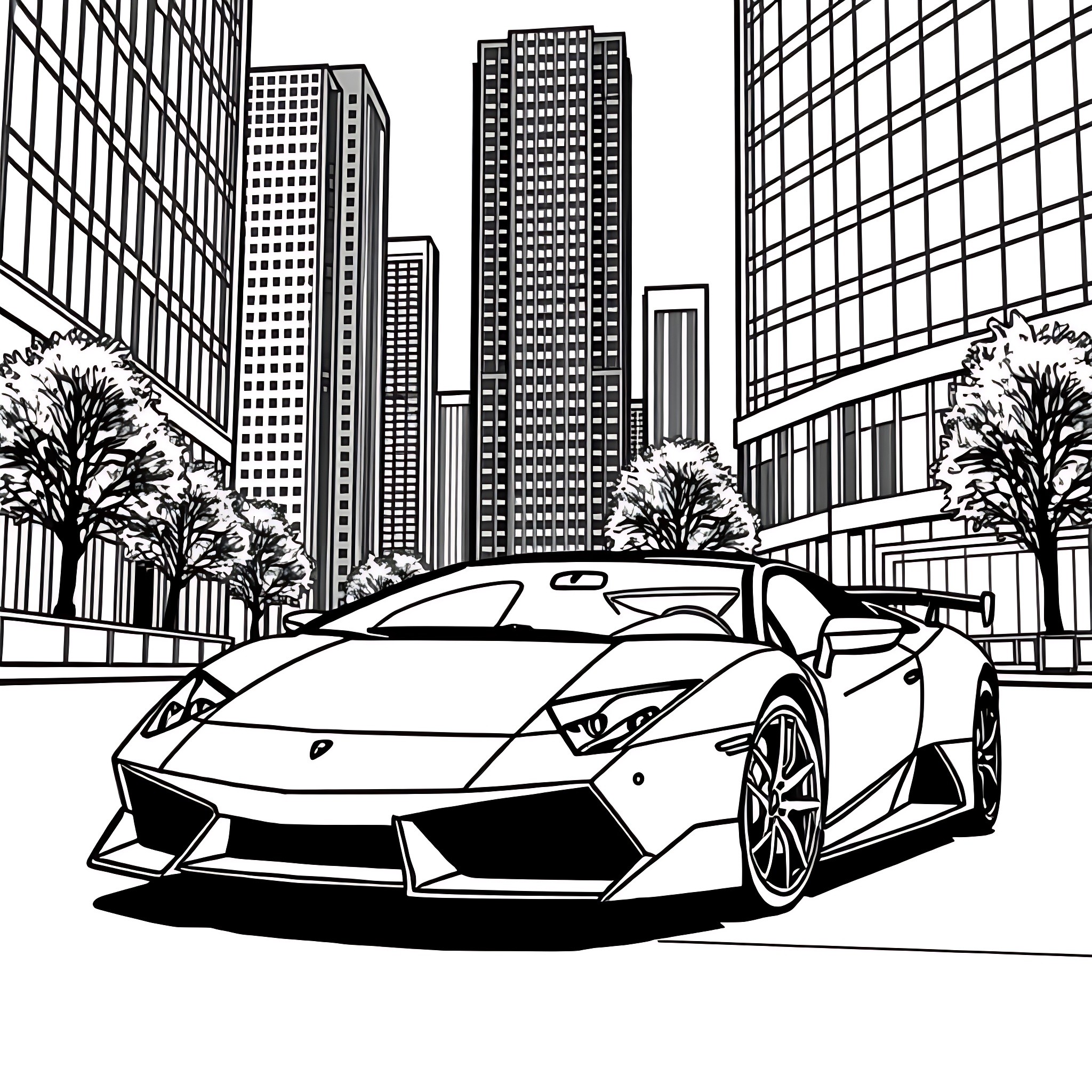 Lamborghini sports car in modern city landscape Coloring Page (free black-and-white line drawing printable PDF for all, from beginners to advanced learners, including children, teens, adults, and seniors)