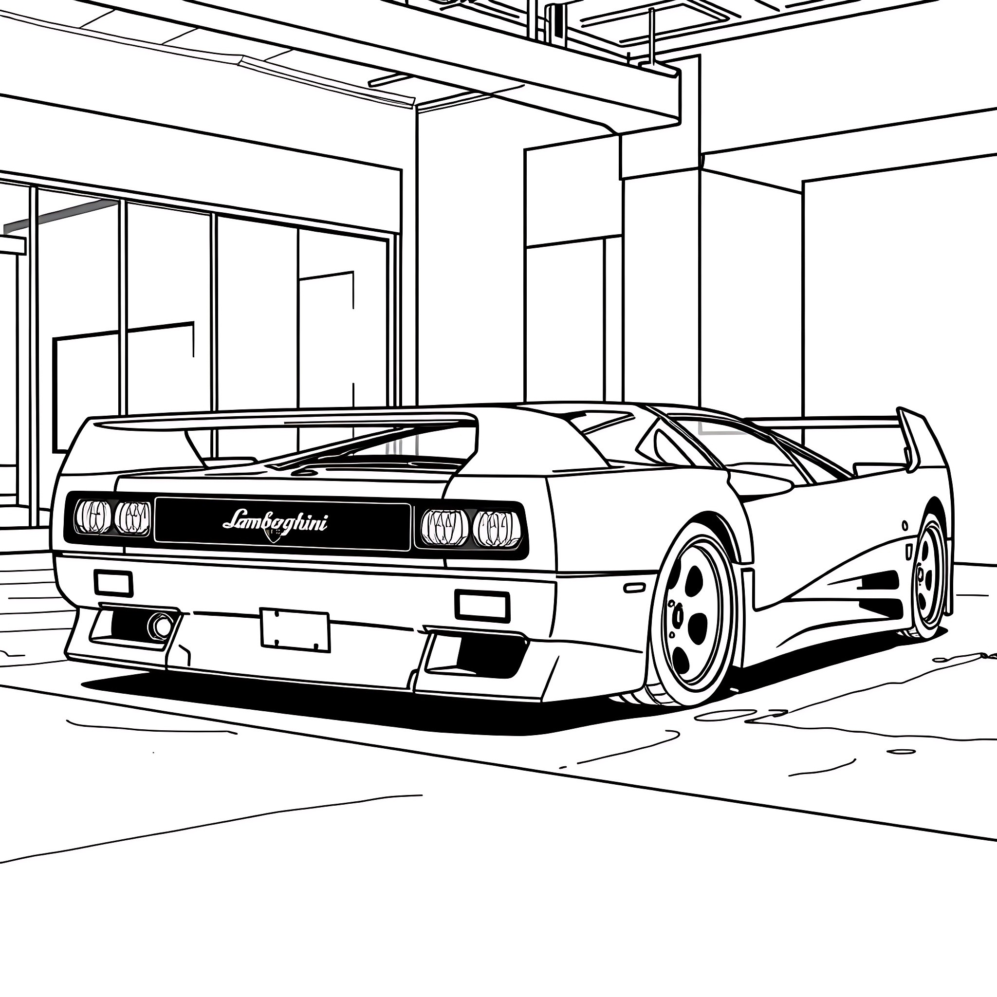 Lamborghini Supercar in Modern Showroom Coloring Page (free black-and-white line drawing printable PDF for all, from beginners to advanced learners, including children, teens, adults, and seniors)