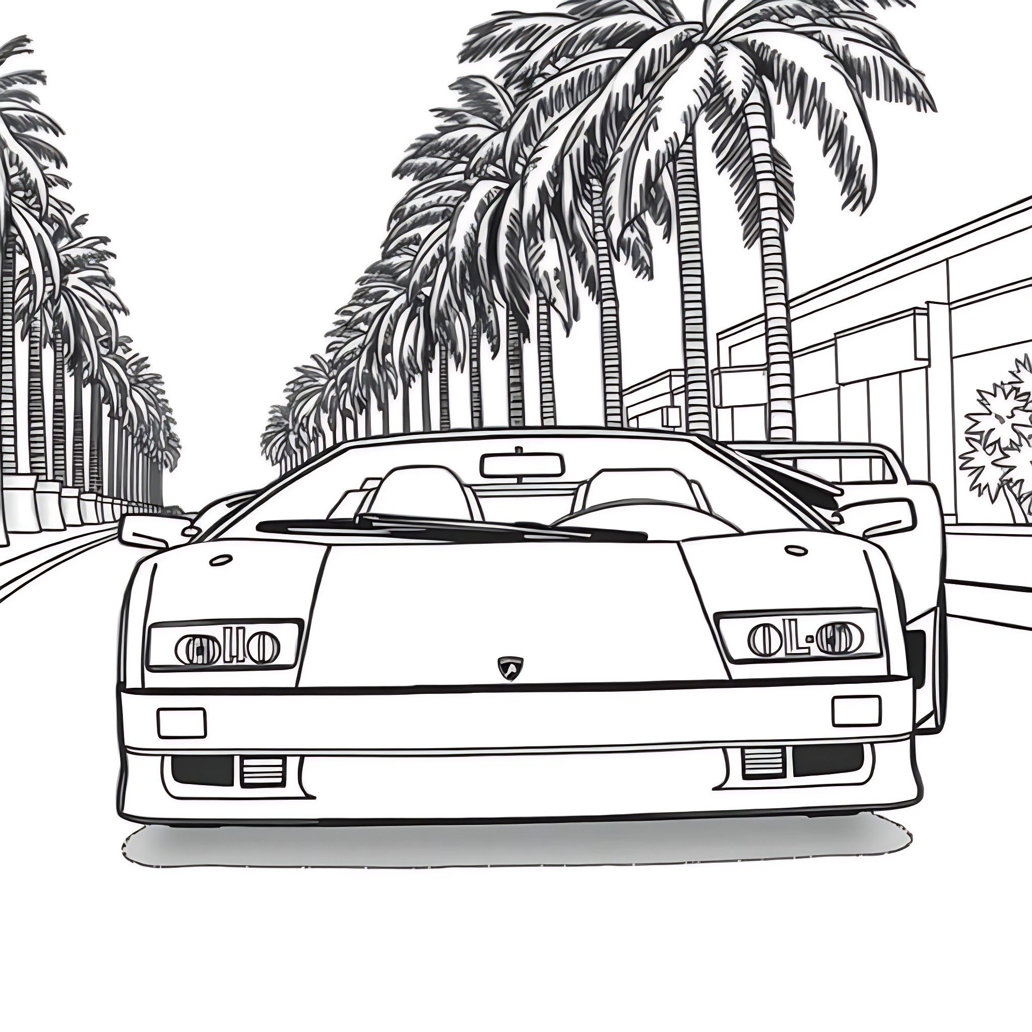 Lamborghini sports car cruising through tropical palm trees Coloring Page (free black-and-white line drawing printable PDF for all, from beginners to advanced learners, including children, teens, adults, and seniors)