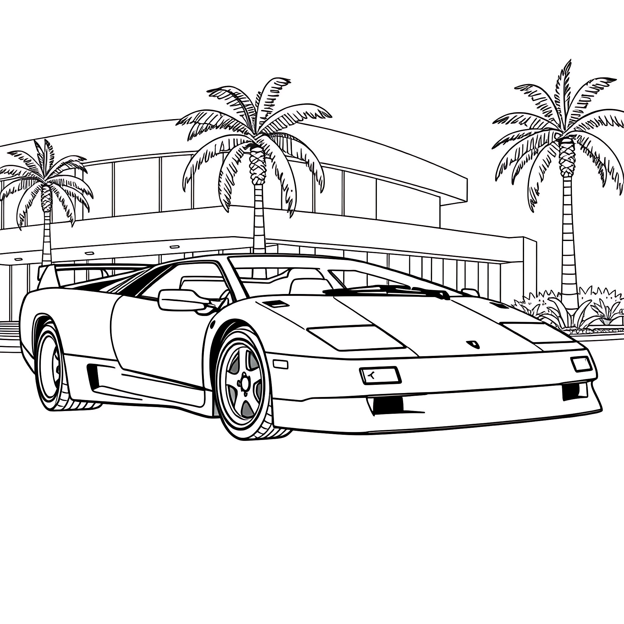 Lamborghini sports car in tropical paradise Coloring Page (free black-and-white line drawing printable PDF for all, from beginners to advanced learners, including children, teens, adults, and seniors)