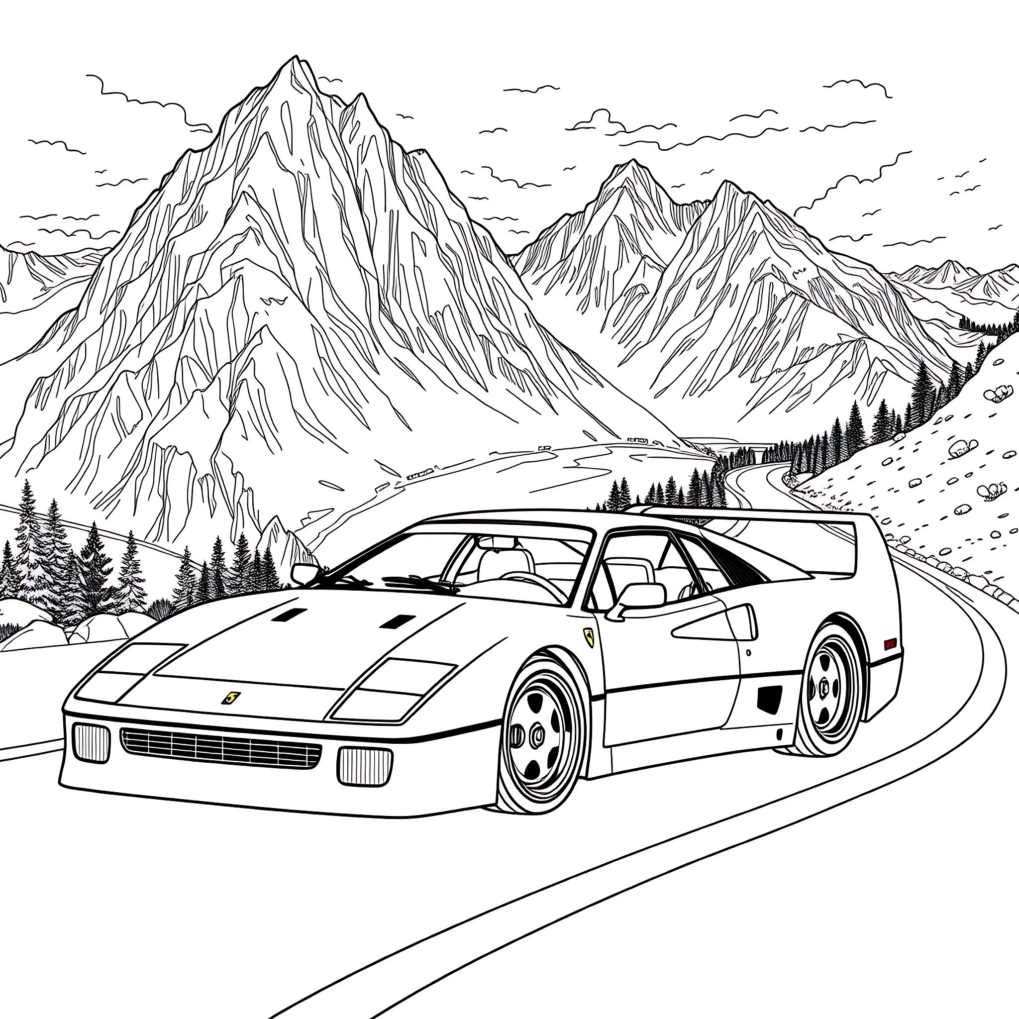 Ferrari sports car driving through scenic mountain landscape Coloring Page (free black-and-white line drawing printable PDF for all, from beginners to advanced learners, including children, teens, adults, and seniors)