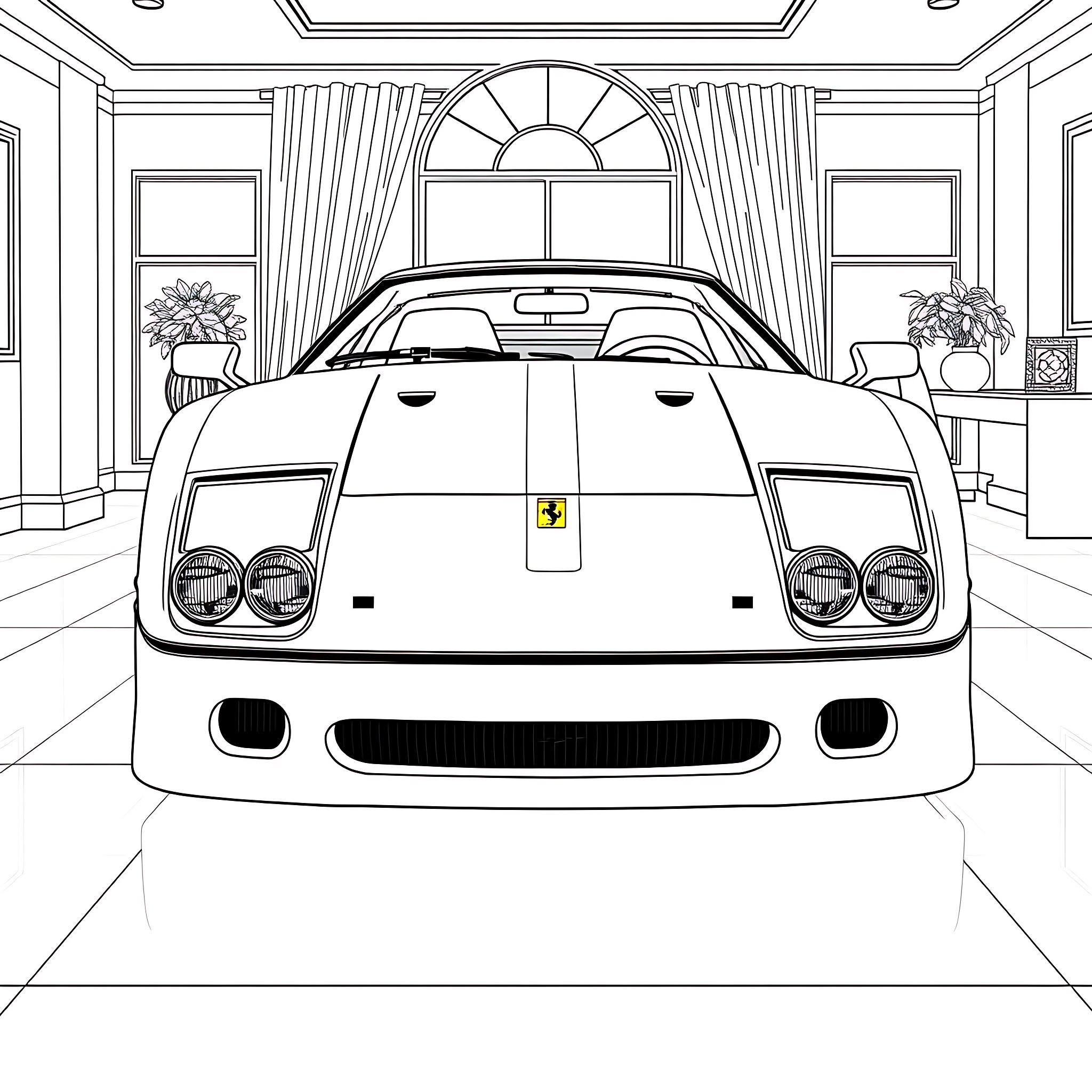 Ferrari sports car in a luxurious indoor setting Coloring Page (free black-and-white line drawing printable PDF for all, from beginners to advanced learners, including children, teens, adults, and seniors)