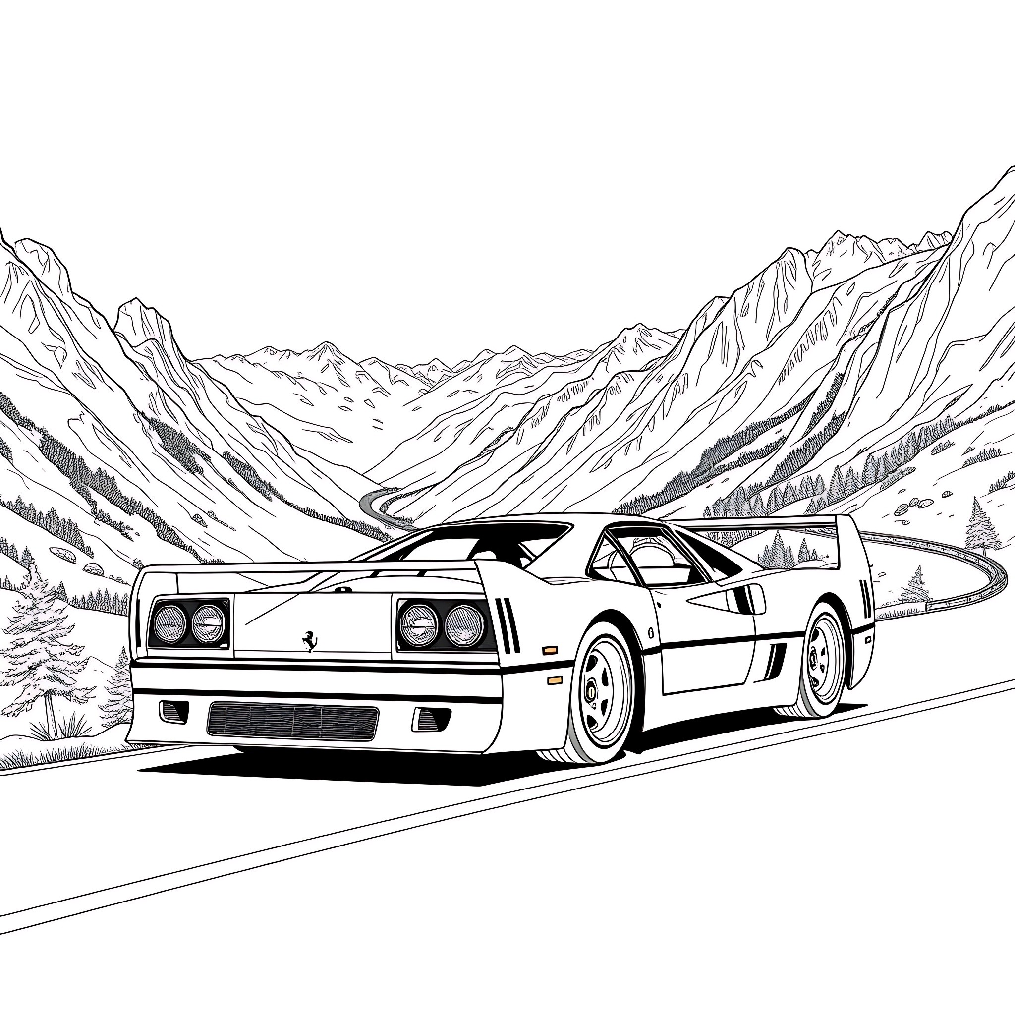 Ferrari supercar racing through the mountain landscape Coloring Page (free black-and-white line drawing printable PDF for all, from beginners to advanced learners, including children, teens, adults, and seniors)