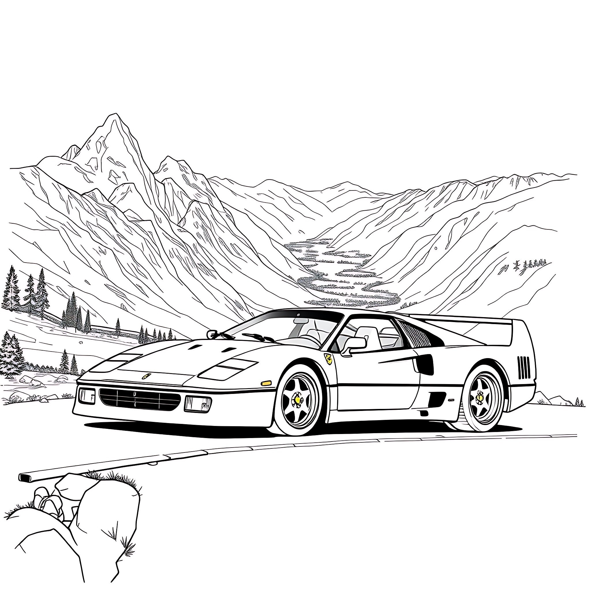 Ferrari sports car speeding in the mountain landscape Coloring Page (free black-and-white line drawing printable PDF for all, from beginners to advanced learners, including children, teens, adults, and seniors)