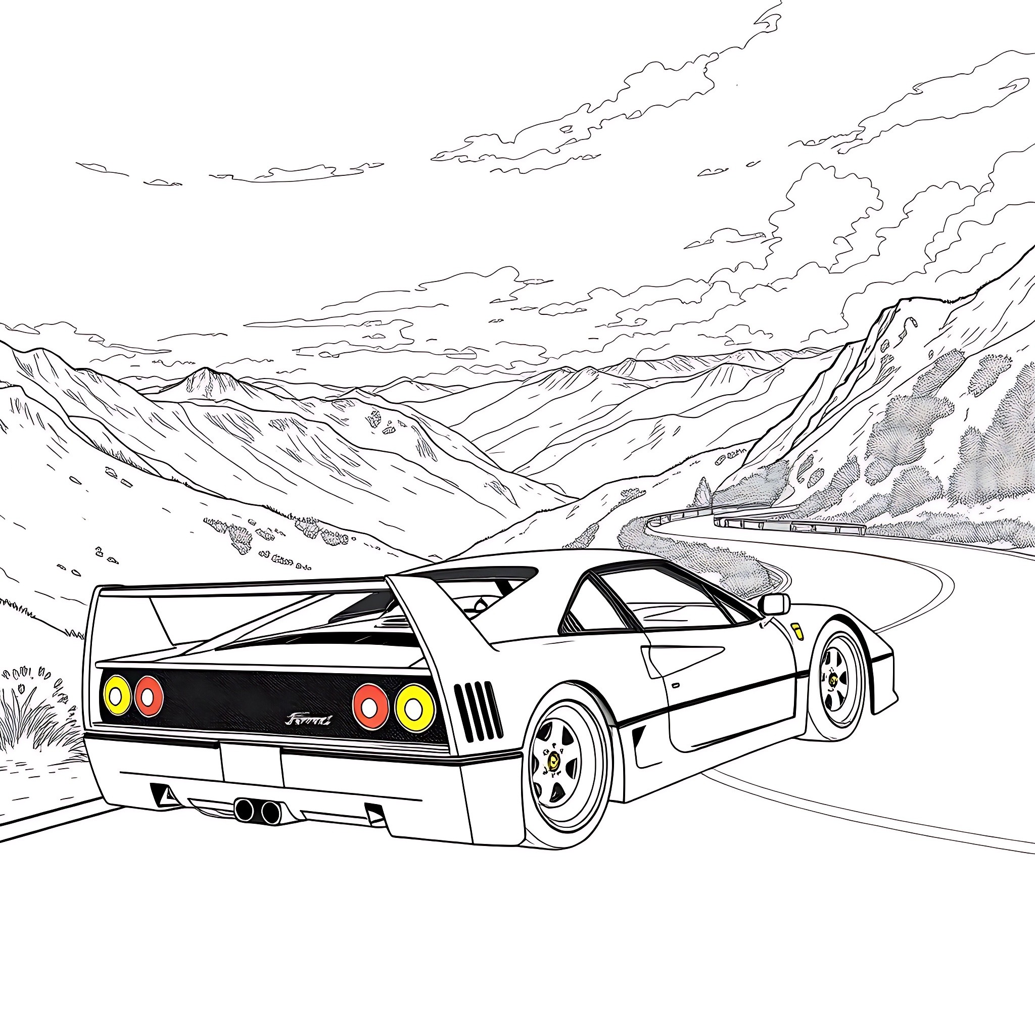 Ferrari sports car speeding through the mountain landscape Coloring Page (free black-and-white line drawing printable PDF for all, from beginners to advanced learners, including children, teens, adults, and seniors)
