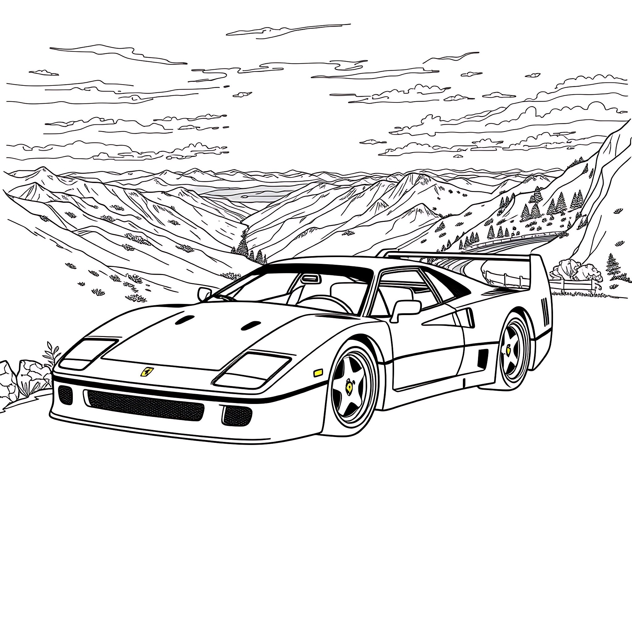 Ferrari sports car in scenic mountain landscape Coloring Page (free black-and-white line drawing printable PDF for all, from beginners to advanced learners, including children, teens, adults, and seniors)