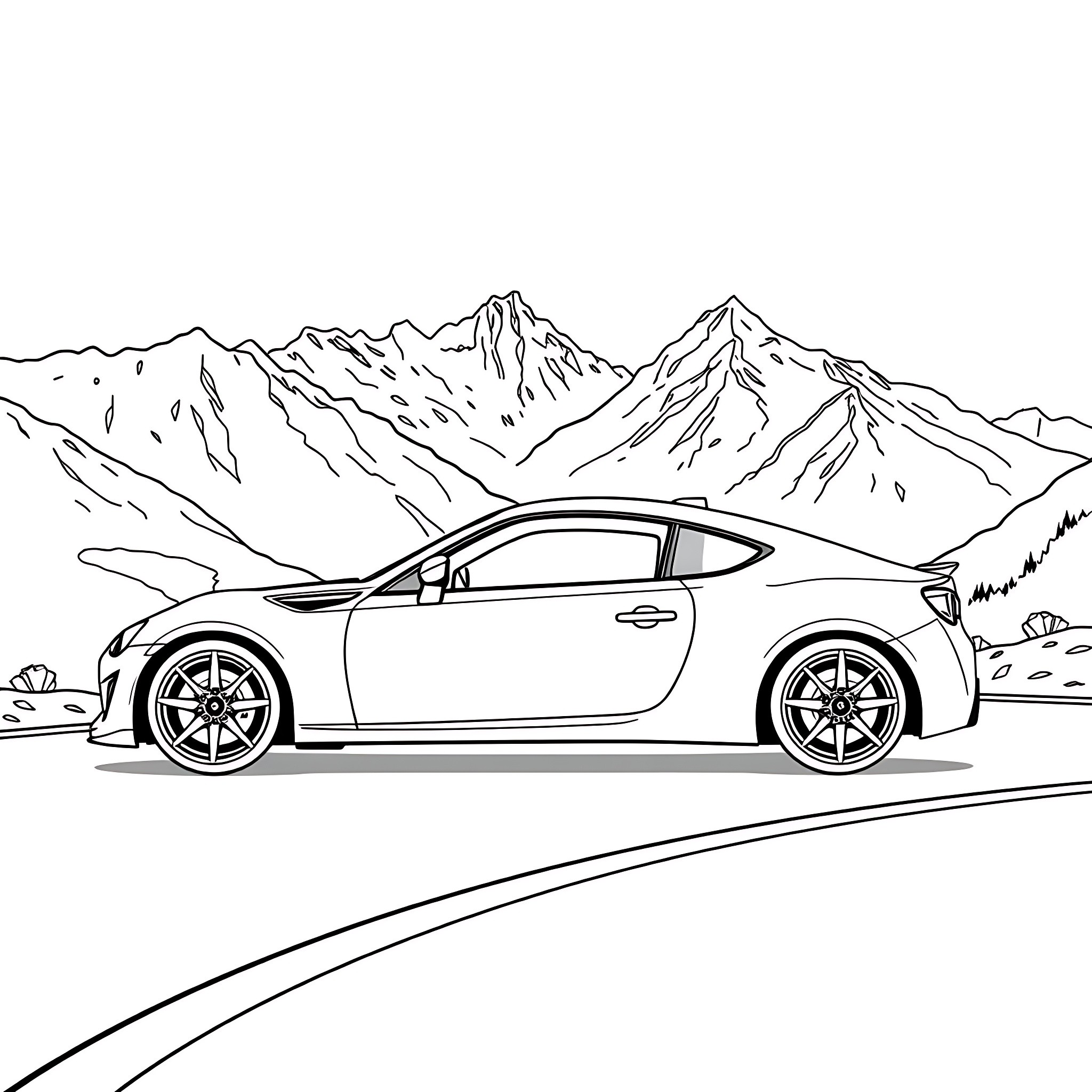 Toyota sports car driving on mountain road Coloring Page (free black-and-white line drawing printable PDF for all, from beginners to advanced learners, including children, teens, adults, and seniors)