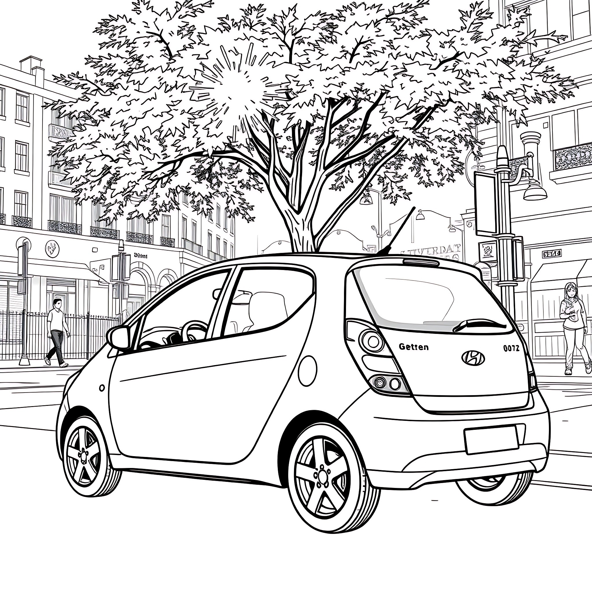 Hyundai compact car in a city street with trees Coloring Page (free black-and-white line drawing printable PDF for all, from beginners to advanced learners, including children, teens, adults, and seniors)