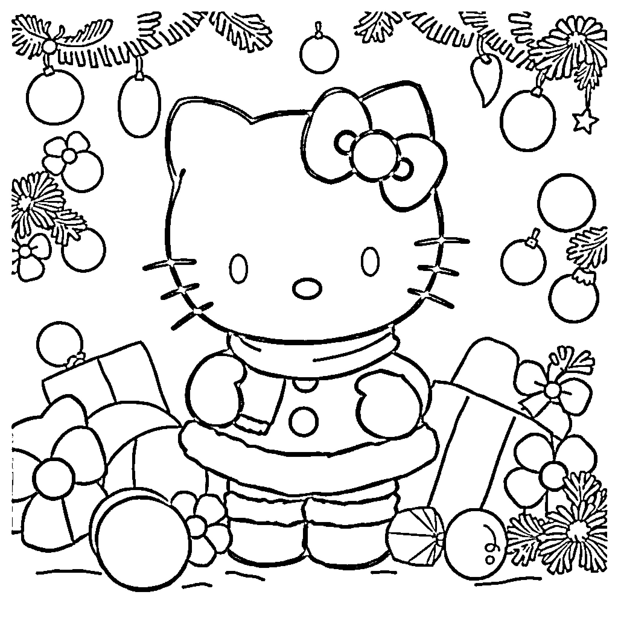Hello Kitty surrounded by festive ornaments and flowers Coloring Page (free black-and-white line drawing printable PDF for all, from beginners to advanced learners, including children, teens, adults, and seniors)