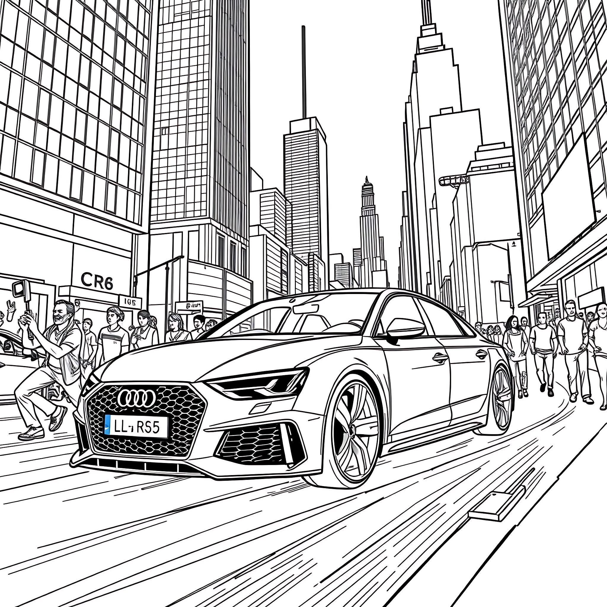 Audi sports car racing through busy city streets Coloring Page (free black-and-white line drawing printable PDF for all, from beginners to advanced learners, including children, teens, adults, and seniors)