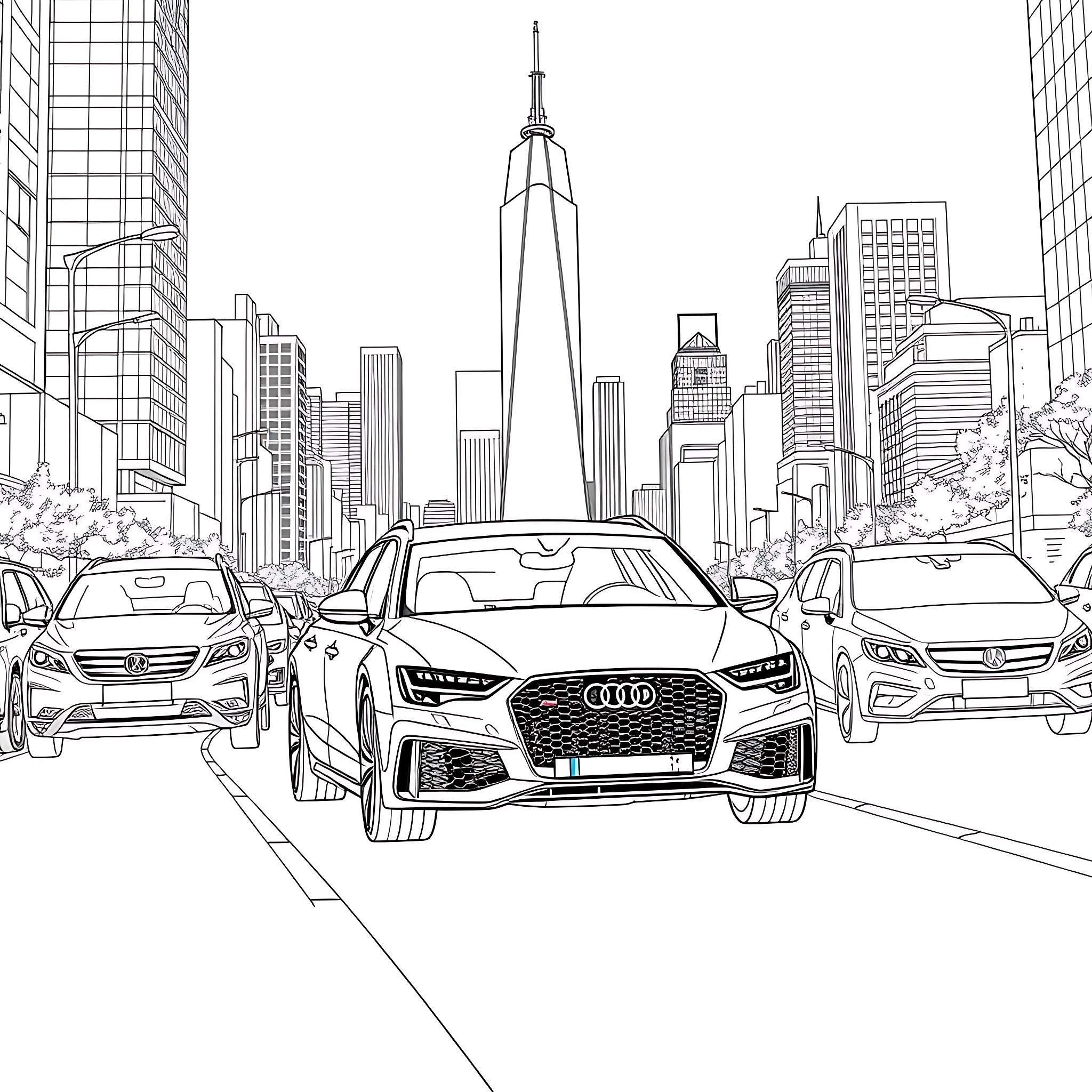 Audi vehicles in a modern city skyline Coloring Page (free black-and-white line drawing printable PDF for all, from beginners to advanced learners, including children, teens, adults, and seniors)