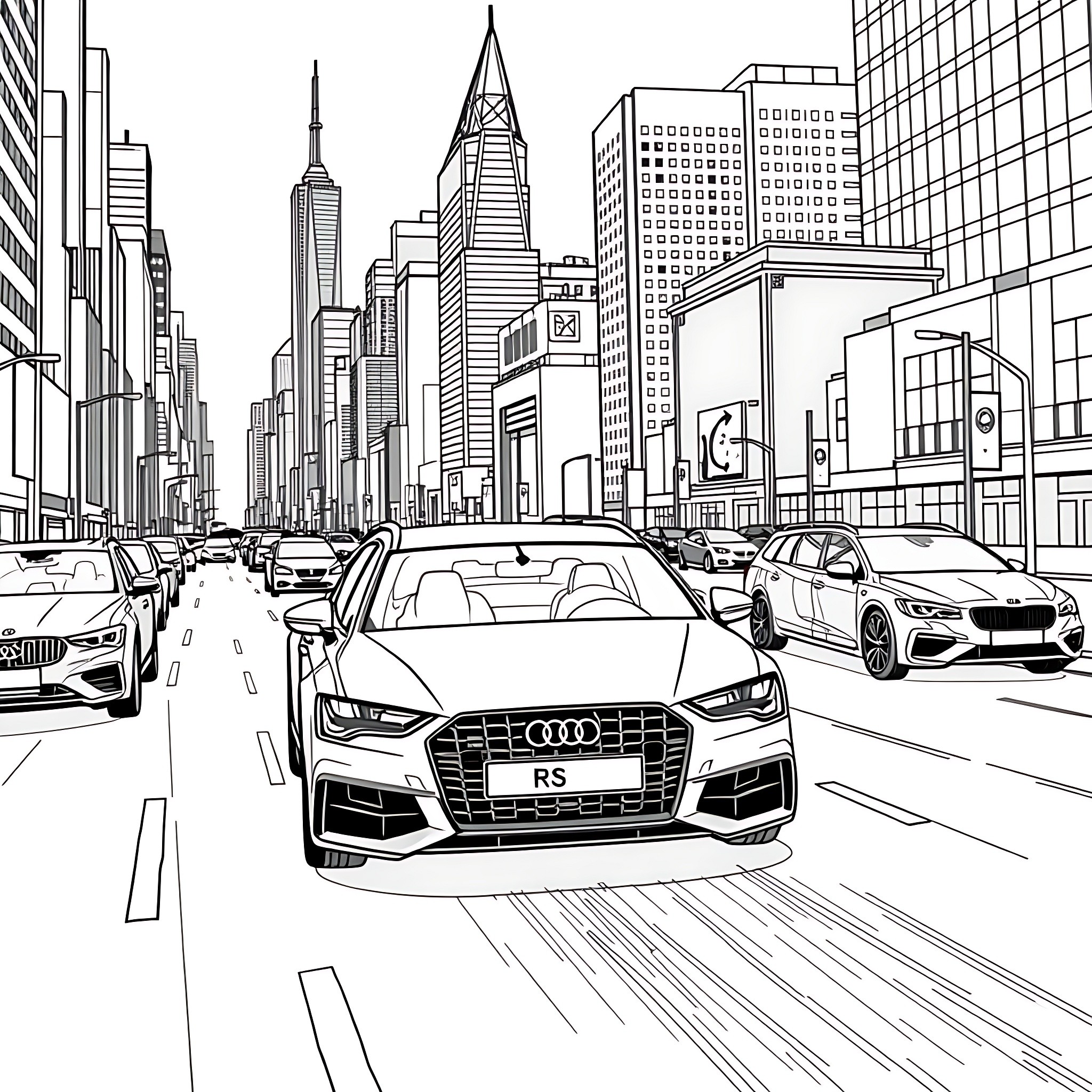 Audi RS speeding through the bustling city streets Coloring Page (free black-and-white line drawing printable PDF for all, from beginners to advanced learners, including children, teens, adults, and seniors)