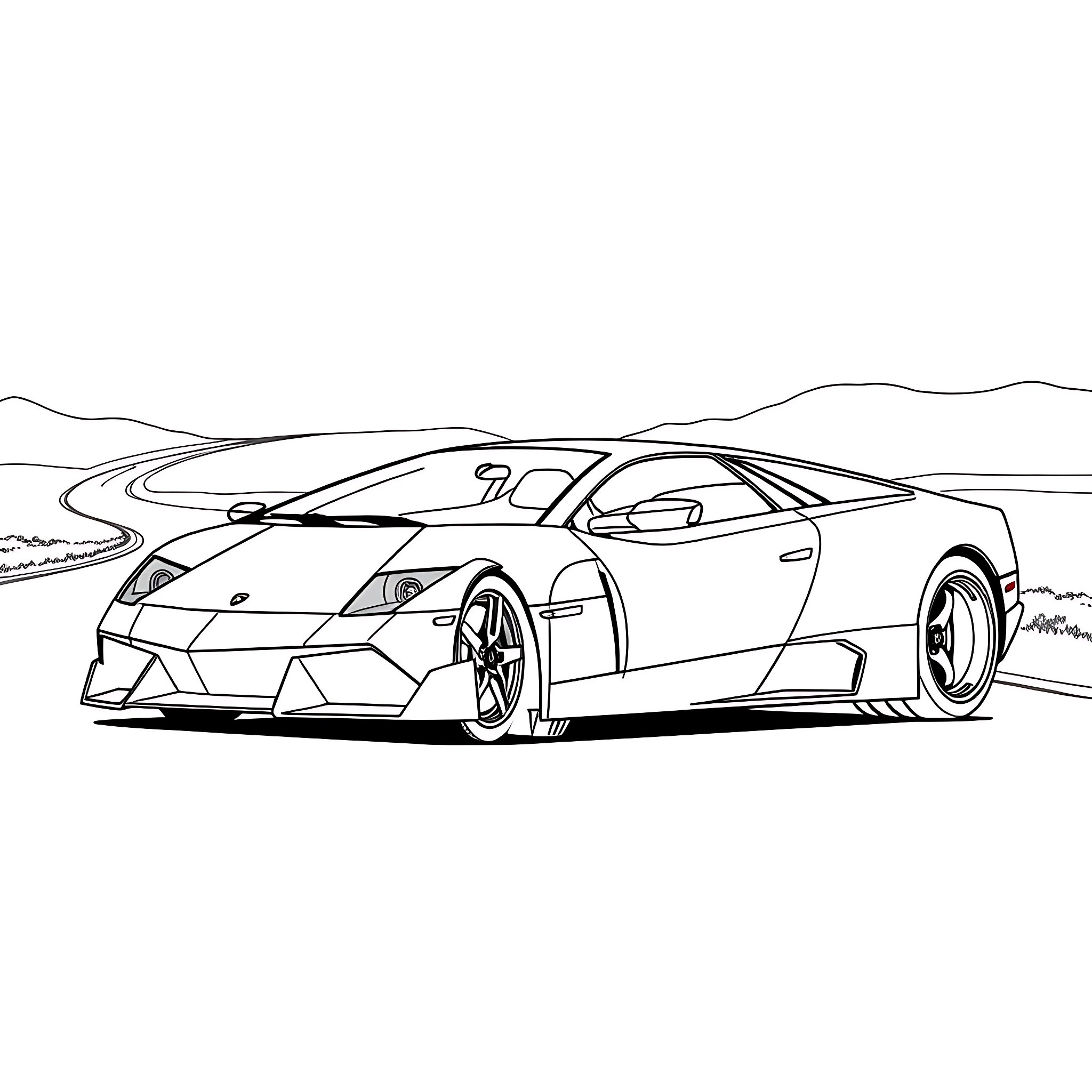Lamborghini speeding through the countryside Coloring Page (free black-and-white line drawing printable PDF for all, from beginners to advanced learners, including children, teens, adults, and seniors)