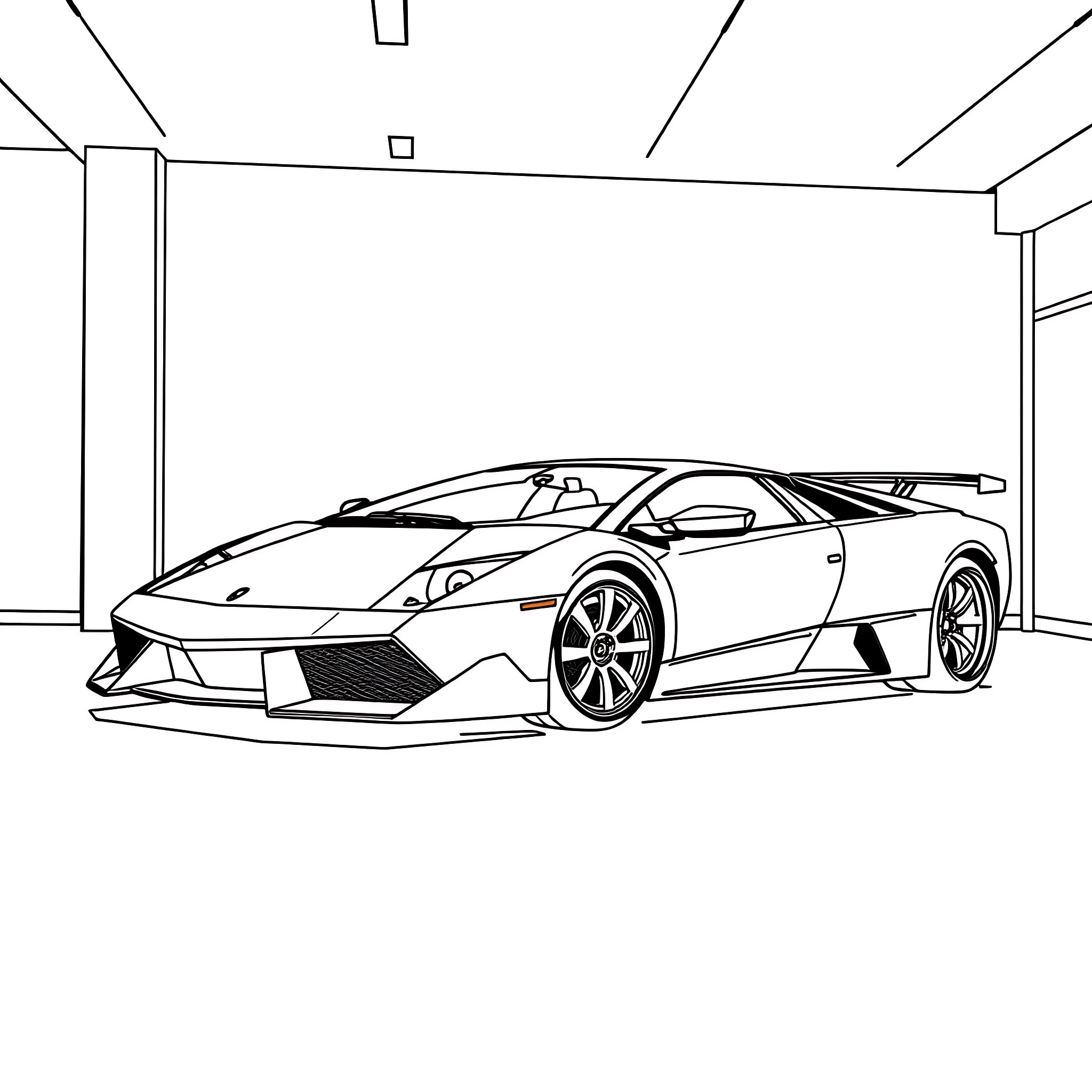 Lamborghini supercar in sleek showroom setting Coloring Page (free black-and-white line drawing printable PDF for all, from beginners to advanced learners, including children, teens, adults, and seniors)